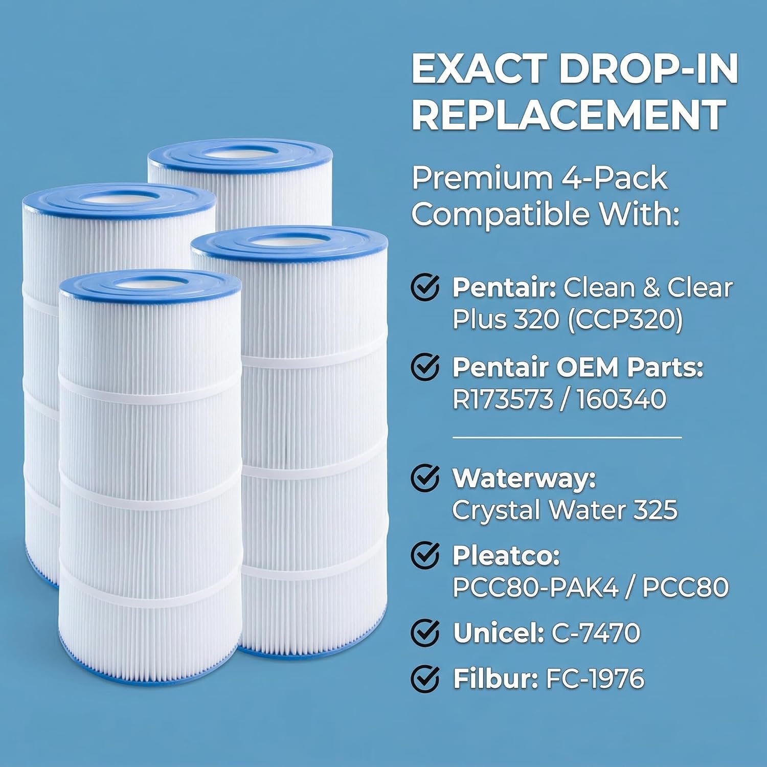 4-Pack CCP320 Pool Filter Cartridges Replacement for Pentair Clean Clear Plus 320, Waterway Crystal Water 325, Pleatco PCC80-PAK4, Pentair R173573, 160340, Unicel C-7470, Filbur FC-1976, 320 Sq.Ft