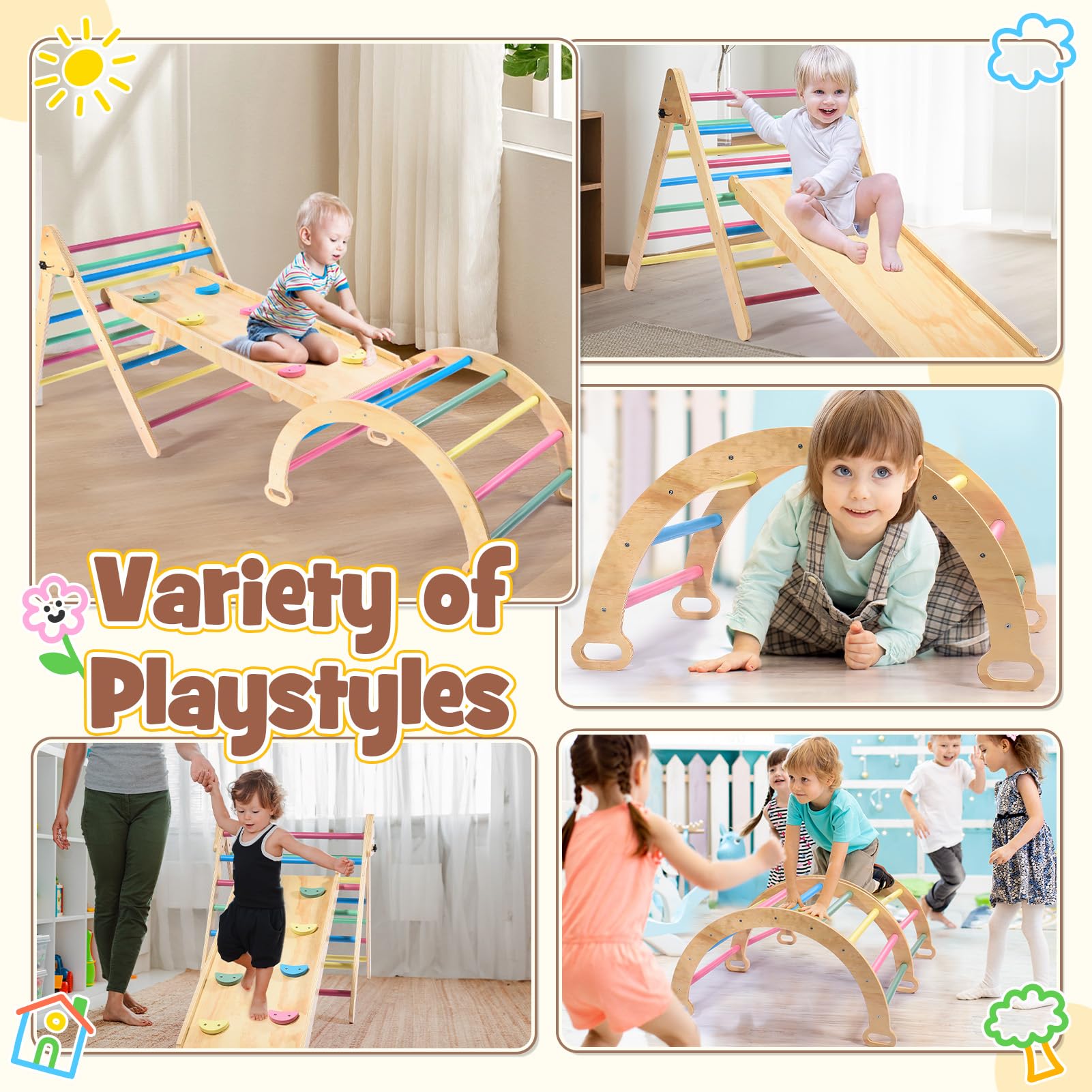Naxudcoo Montessori Klettergerüst, 5-in-1 kletterdreieck Indoor mit Kletterbogen und Rutsche, Holz Klettergerüst für Kinder ab 1 2 Jahr