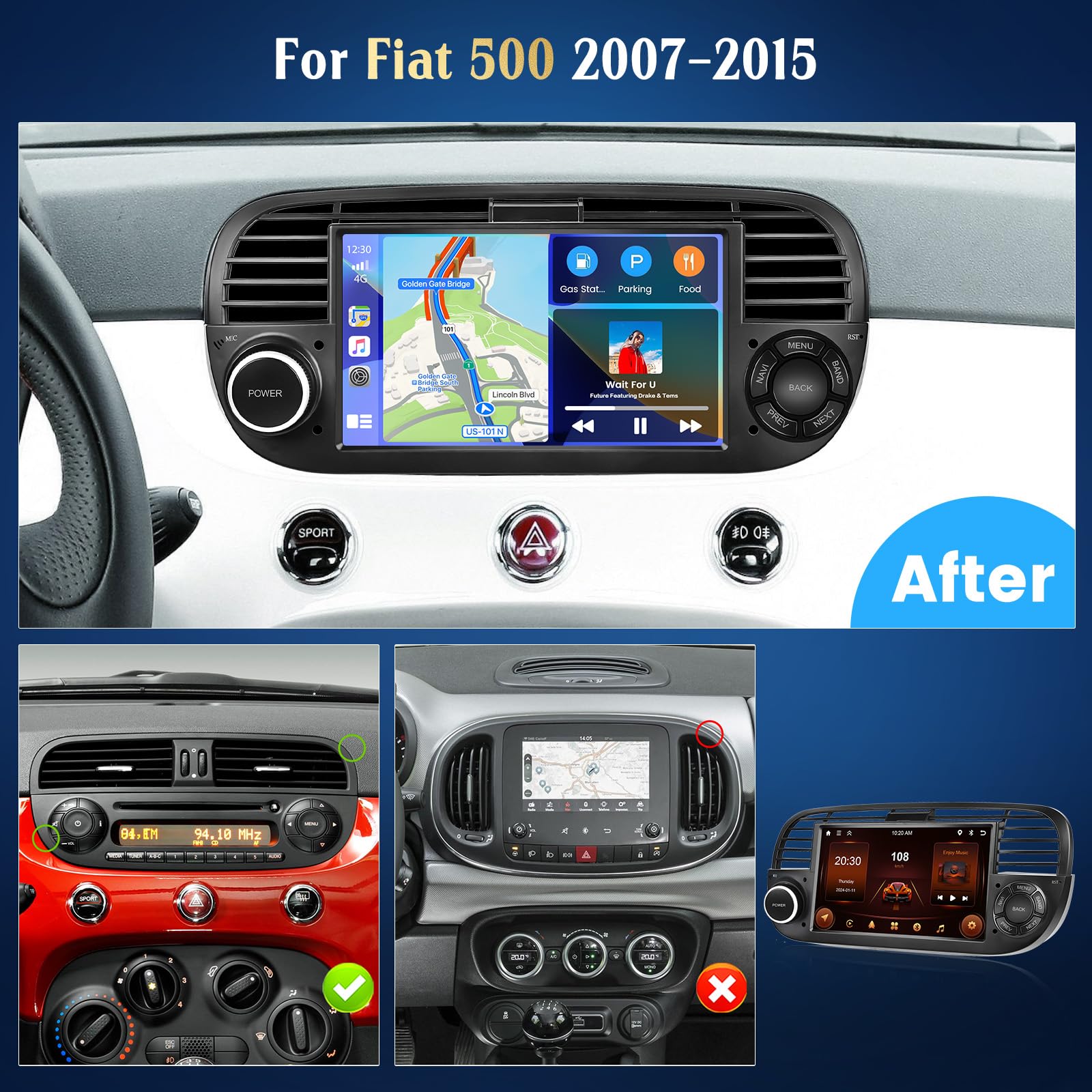 Android Autoradio 2+64GB Voor Fiat 500 2007-2015 – 7 Inch Touchscreen – CarPlay & Android Auto – Incl. Achteruitrijcamera (wit)