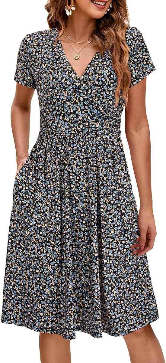 OUGES Women's Wrap V Neck Summer Casual Maternity Nursing Dress | Soft Stretchy Fabric, Discreet Nursing, Side Pockets, Relaxed Fit, Bump-Friendly, Baby Shower, Daily Wear, Postpartum
