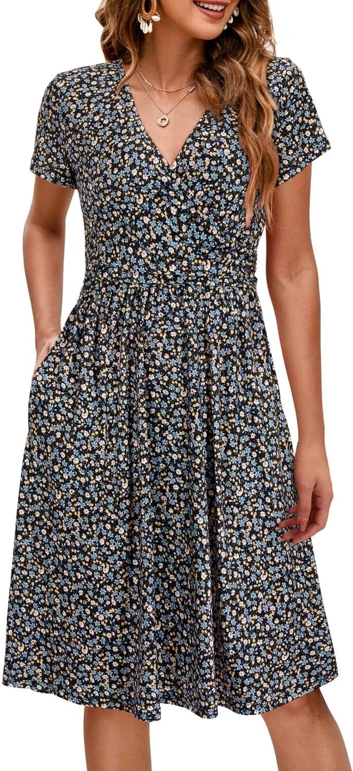 OUGES Maternity Nursing Dress Breastfeeding Short Sleeve V Neck Casual Pregnancy Clothes with Pockets