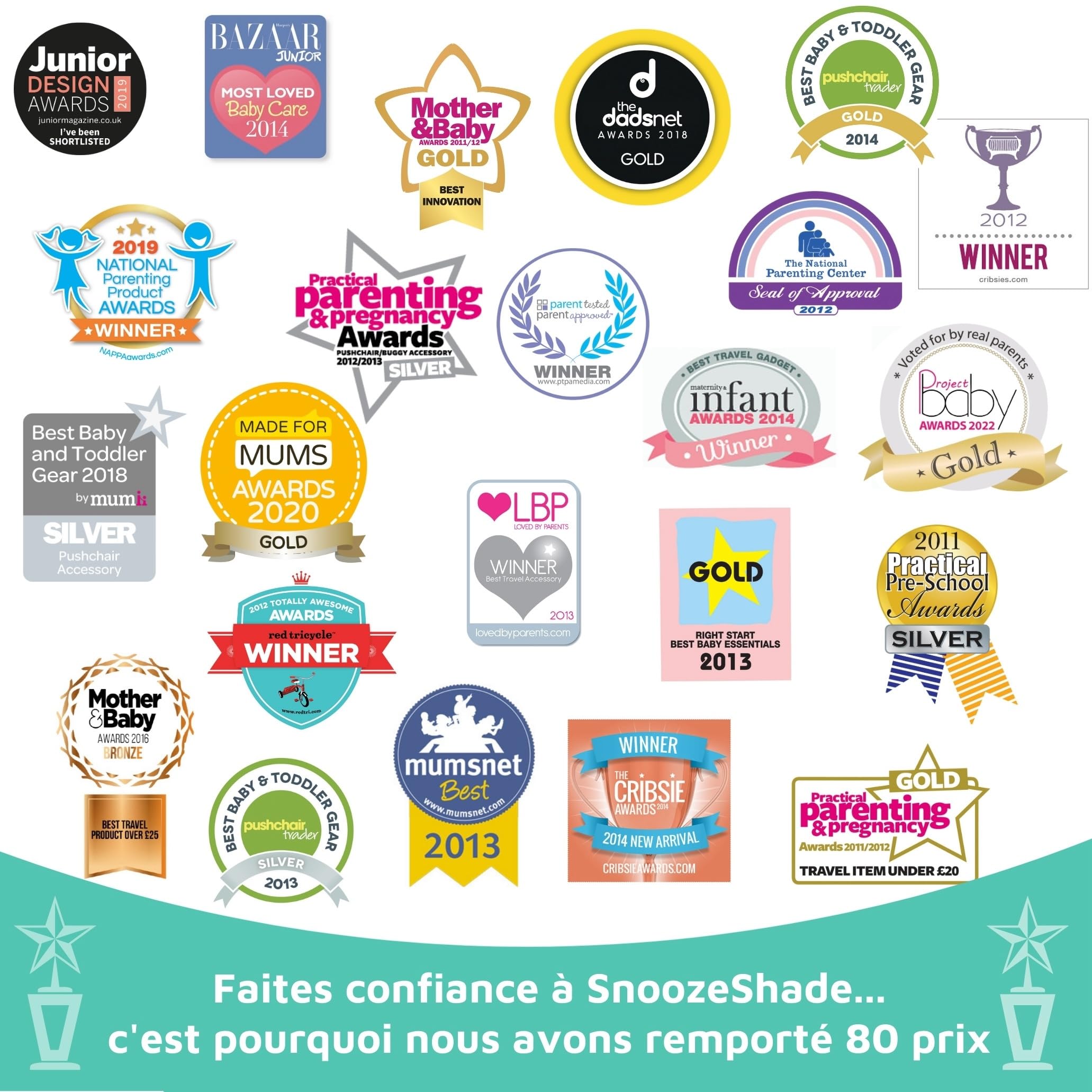 SnoozeShade Plus Extra (6–9 mois et plus) – Ombrelle pour poussette et pare-soleil universel pour bébé et aide au sommeil pour poussettes; Bloque jusqu'à 99% des rayons UV