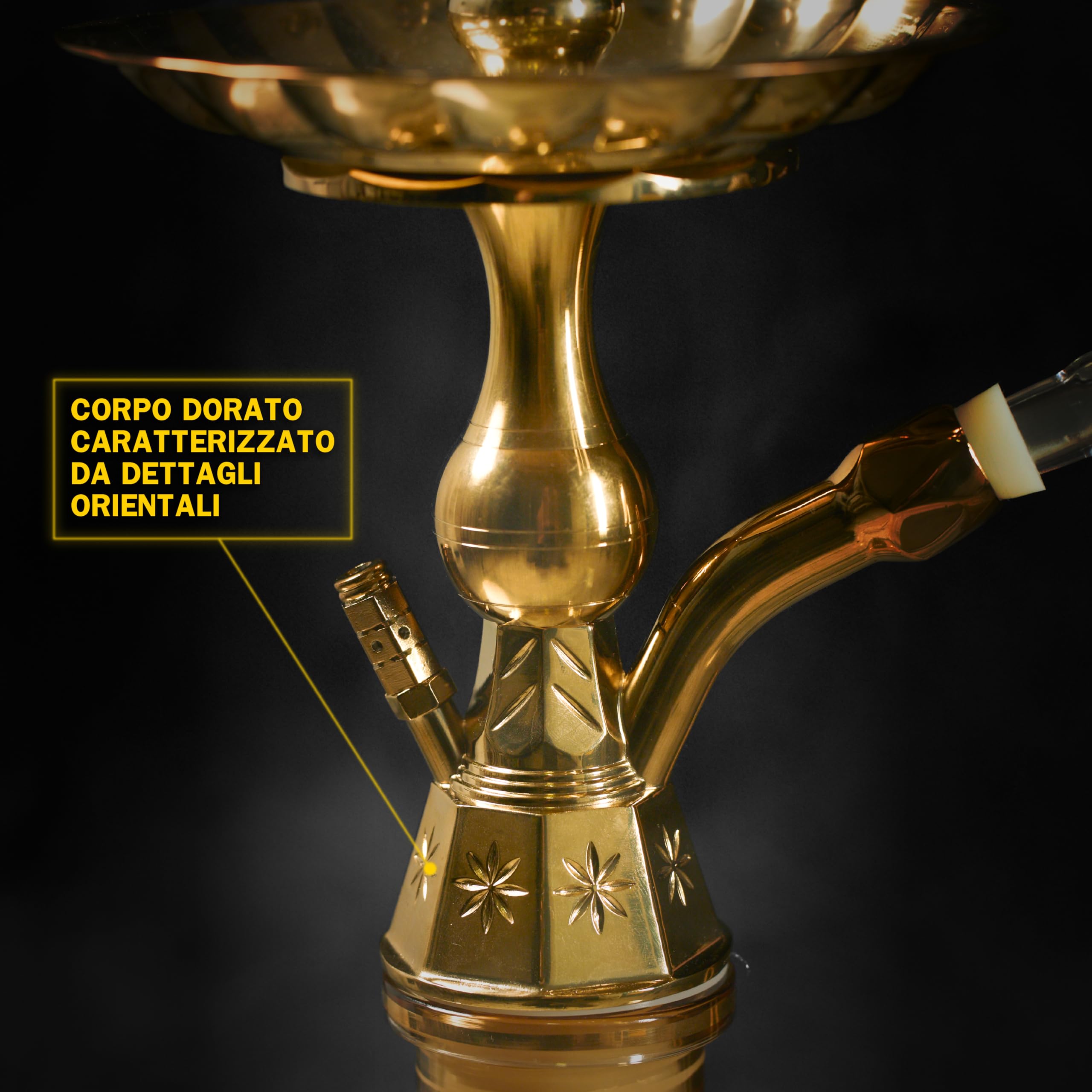 Dark Shisha Cachimba Tradicional Luna Ámbar 44,5 cm + 50 Boquillas Desechables de Colores | Set Completo con Manguera Tradicional, Cazoleta de Piedra, Chimenea, Pinza y Juntas