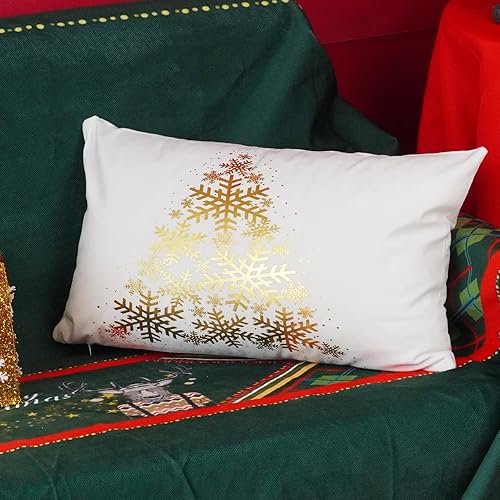 Miniatura 5 de ONWAY Juego de 4 fundas de almohada decorativas de Navidad de 12 x 20 pulgadas, diseño de copos de nieve, renos, decoración dorada para sofá,
