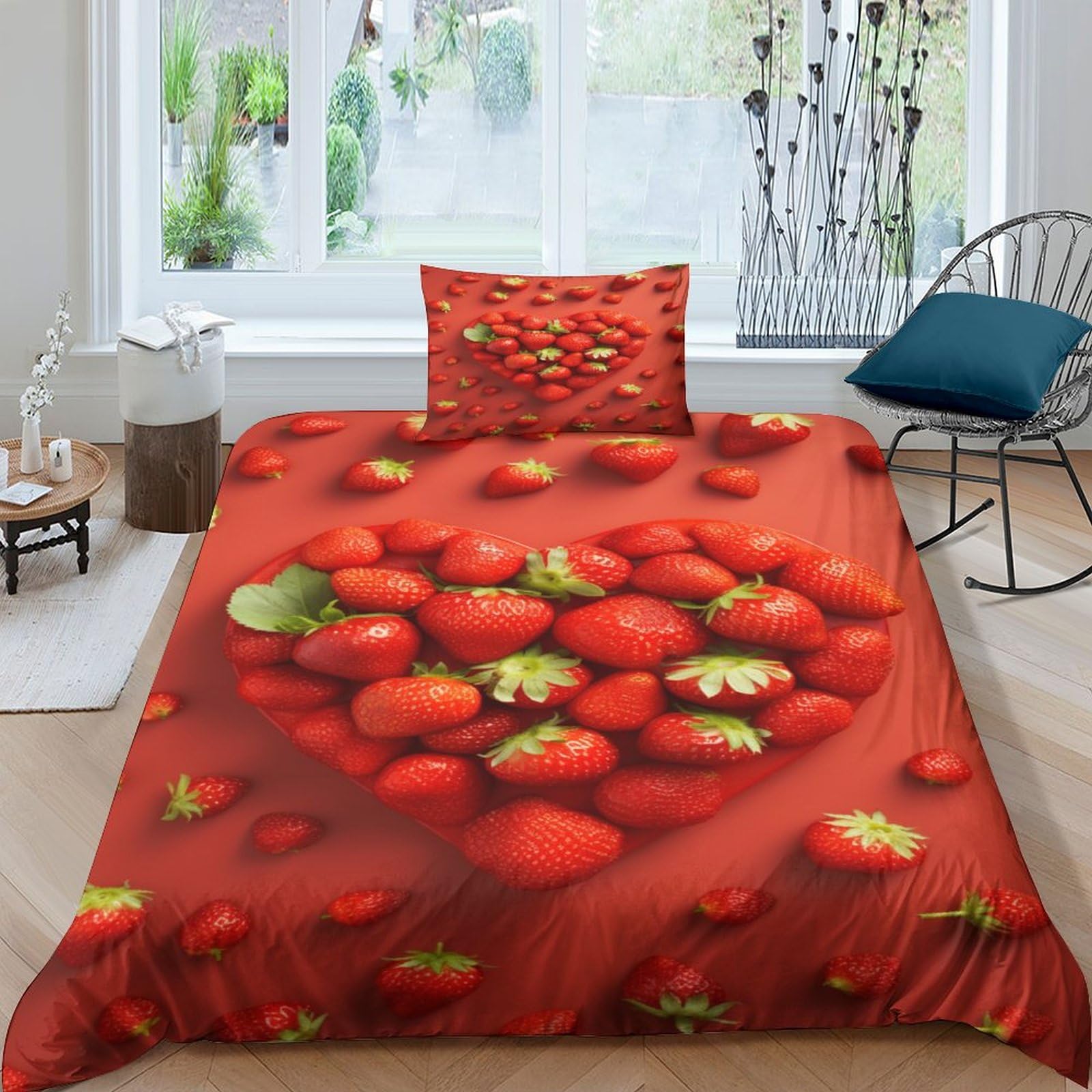 Funda nórdica de fresas 3D en microfibra suave para cama individual 135x200 con 2 fundas de almohada