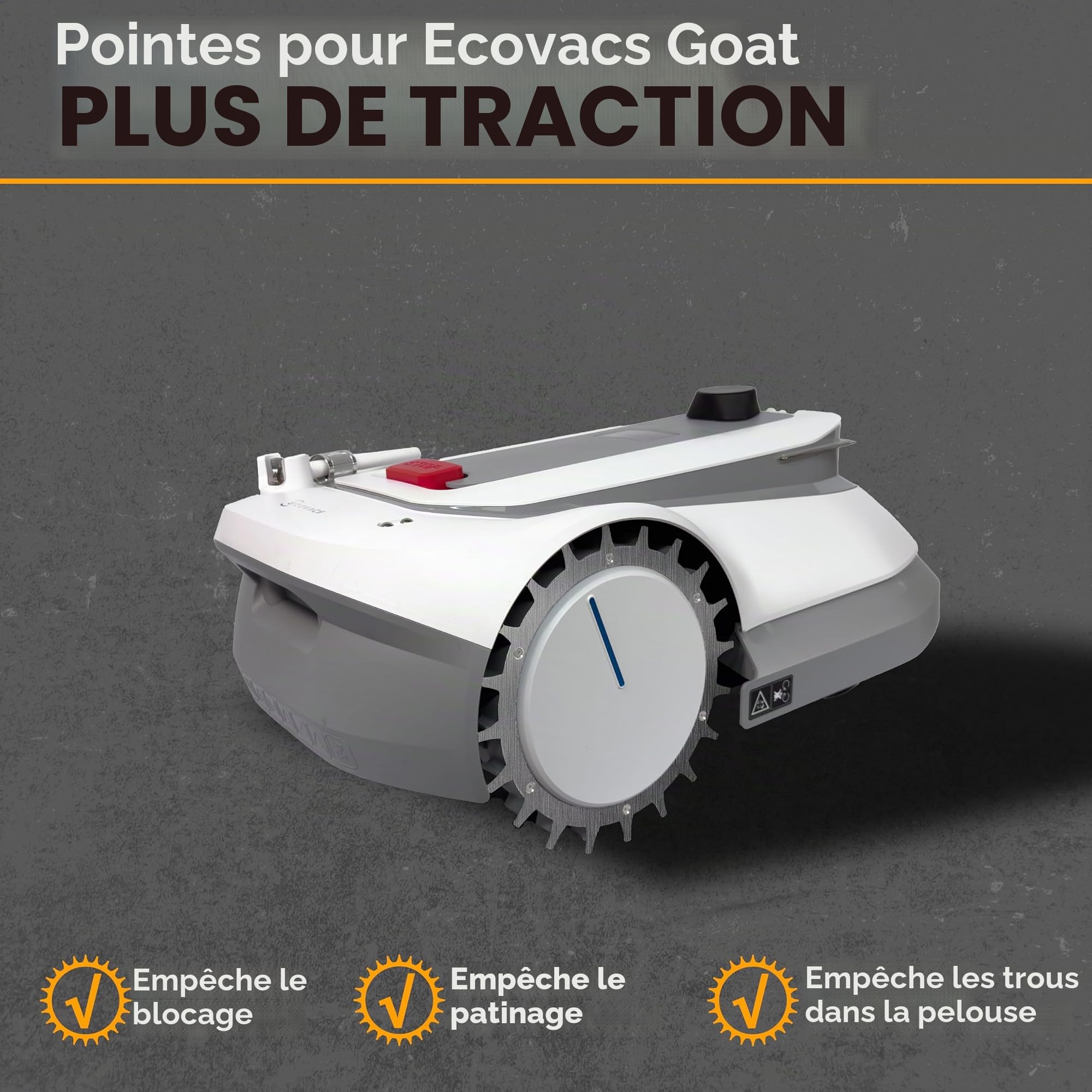 Spikes pour robot tondeuse Ecovacs GOAT série G, O et A - Acier inoxydable - Trous de vis abaissés - 14 vis Torx - Aide à la traction pour robot à gazon - Diamètre extérieur 235 mm