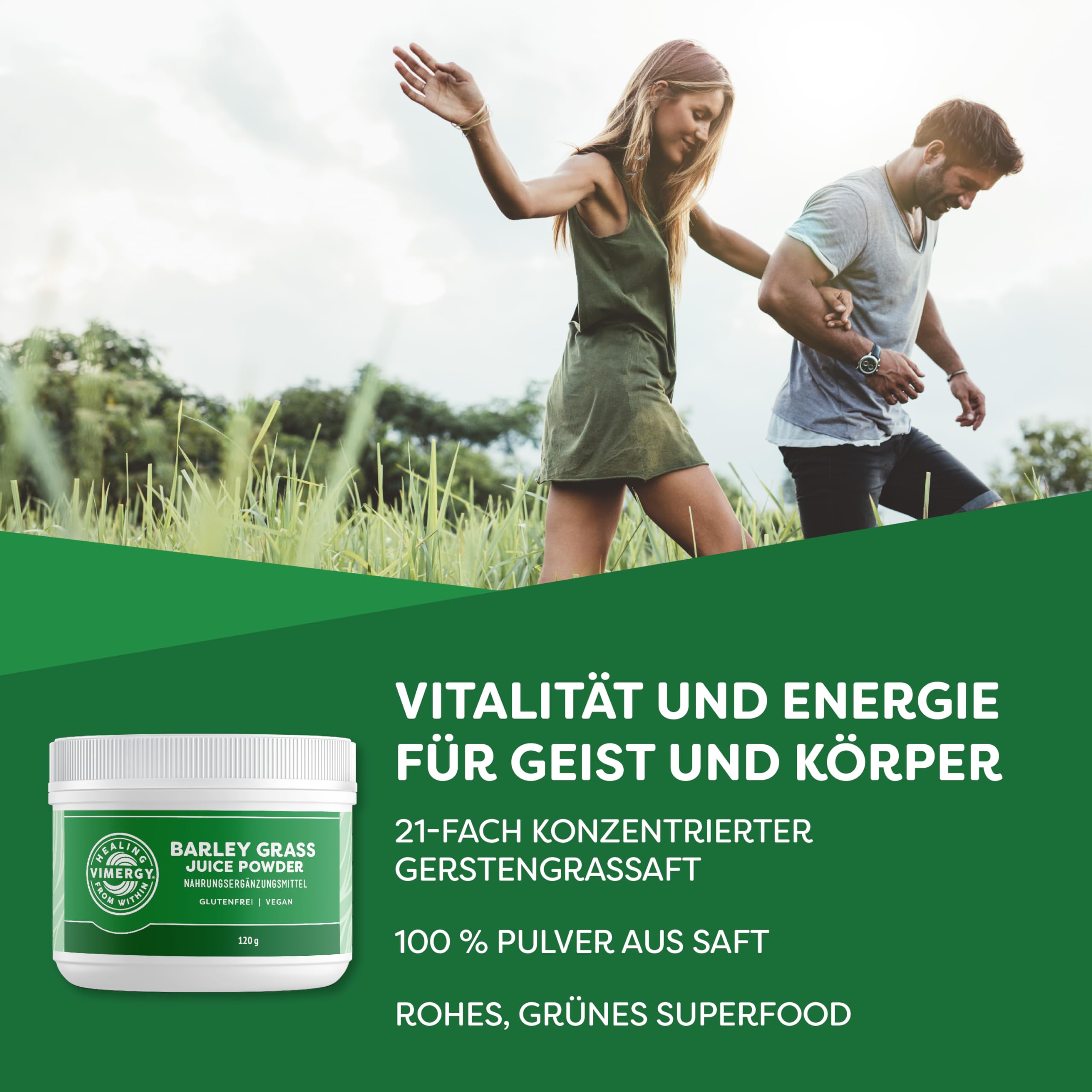 Vimergy Gerstengras Saft Pulver, Reisegröße - 30 Portionen – Supergreen aus Gerstengrassaft Pulver – Vegan - Ohne Trennmittel, ohne Füll- und Geschmacksstoffe, Zucker, Gentechnik, Gluten (120 g)