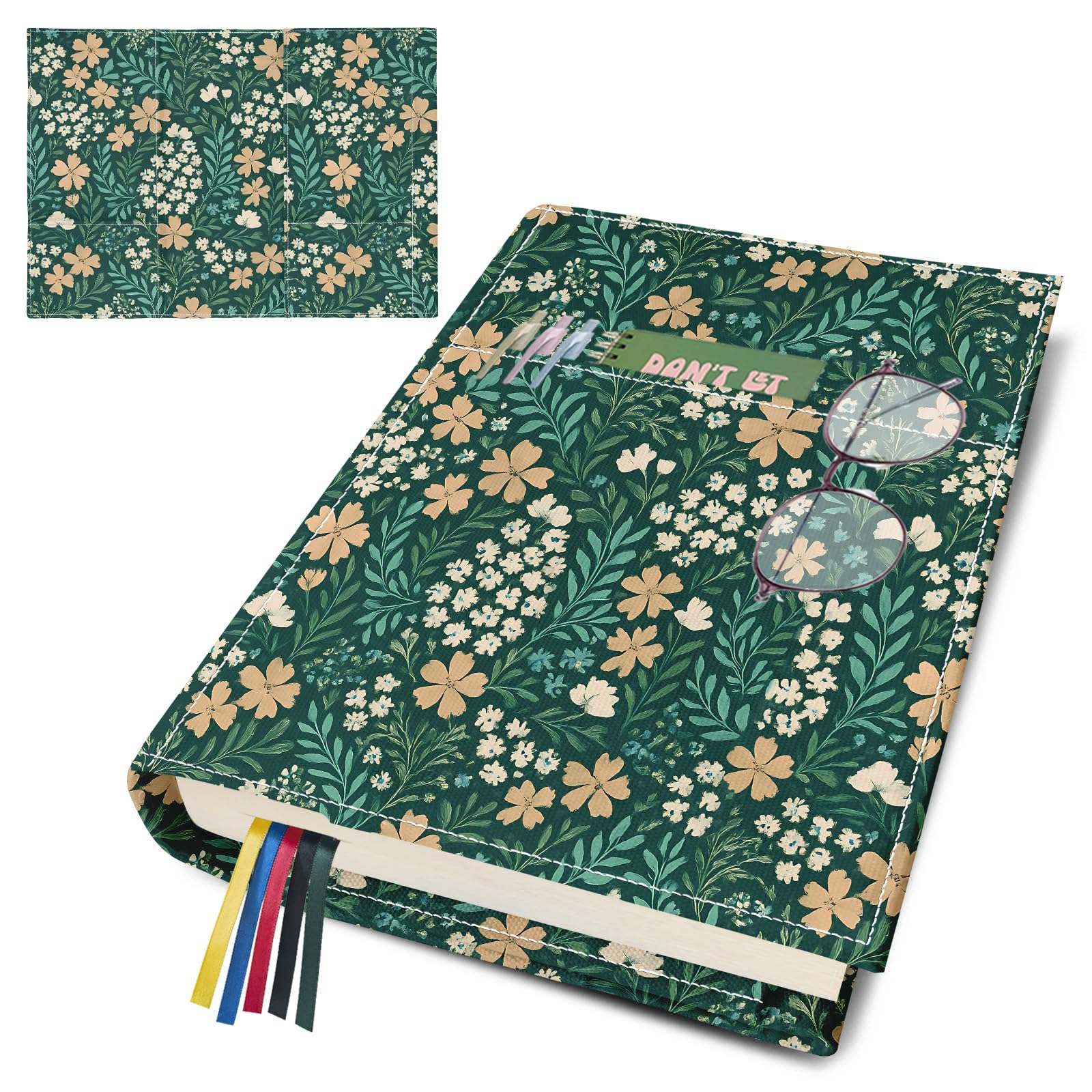 bolimoss Floral Book Sleeve with Front Pocket, Soft Adjustable Canvas Book Covers with Bookmark, Reusable Washable Fabric Book Covers for Paperback Novels, Cute Gifts for Teacher Book Lovers(Green)