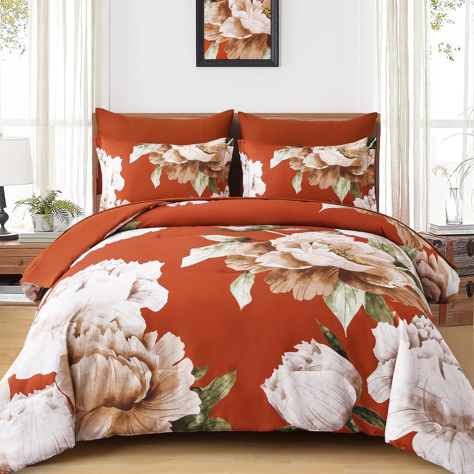Photo 1 of Dobuyly Burnt Orange Comforter Set King Size 7 Piece Bed in a Bag, Floral Printed on Terracotta Comforter Set with Sheets, Soft Microfiber Botanical Fall Bedding Set for All Season