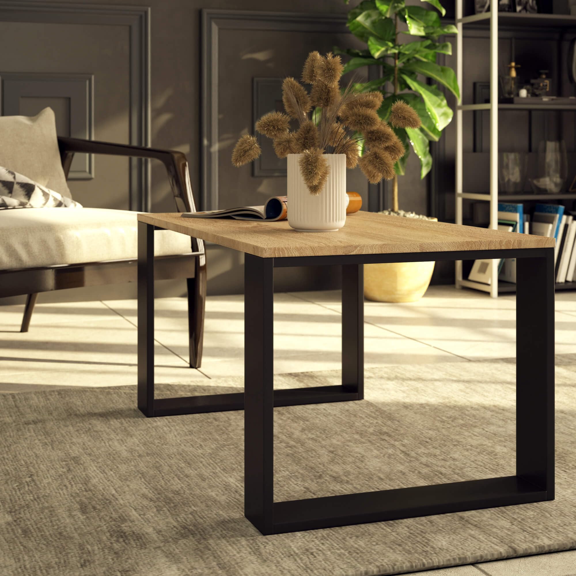 AKORD Mesa de Centro NOX Roble Sonoma 92 cm con Estructura de Patas Negras A92xL45xF53 cm