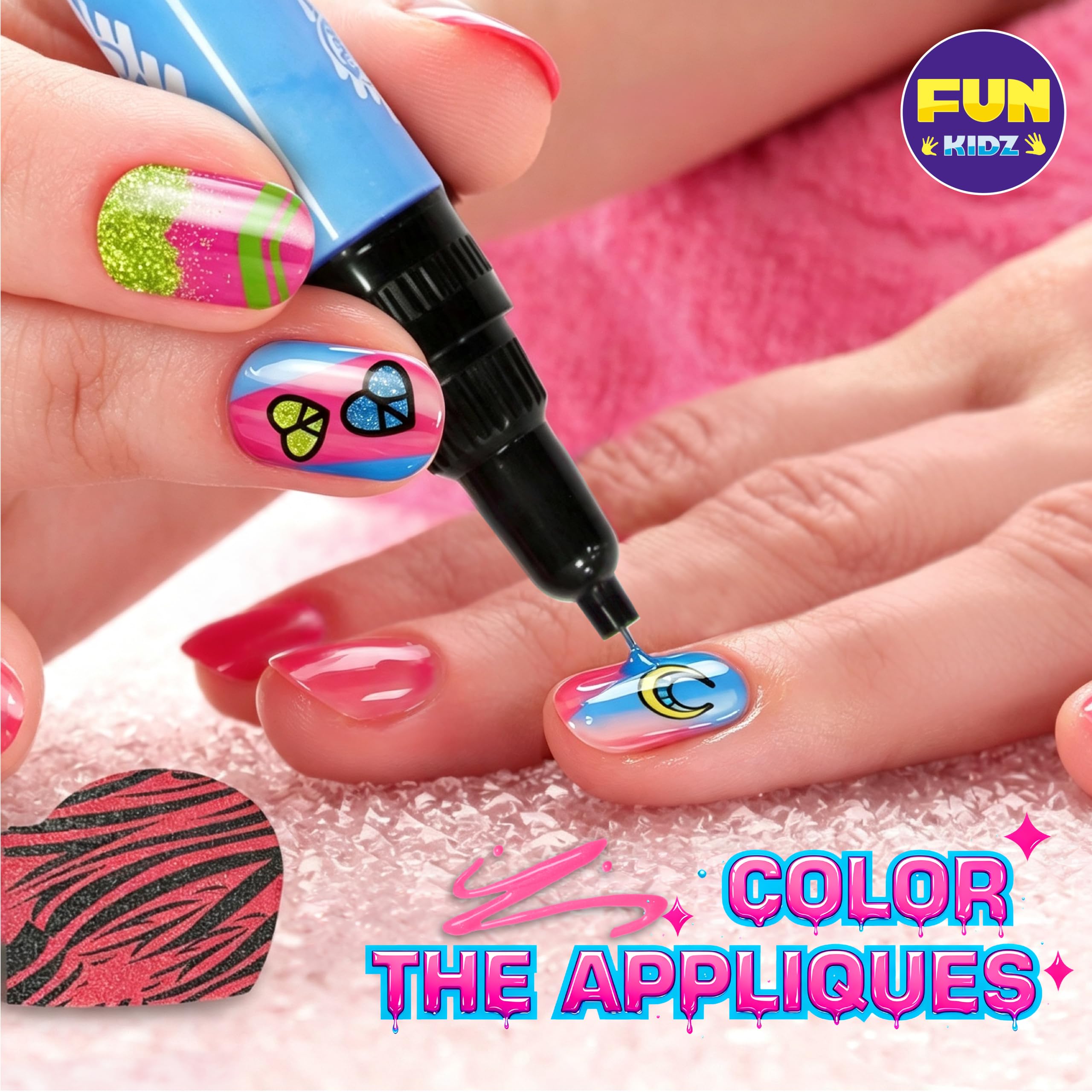 FunKidz - Juego de esmaltes de uñas para niños con 3 en 1 para esmaltes de uñas con purpurina y accesorios de decoración pegajosa