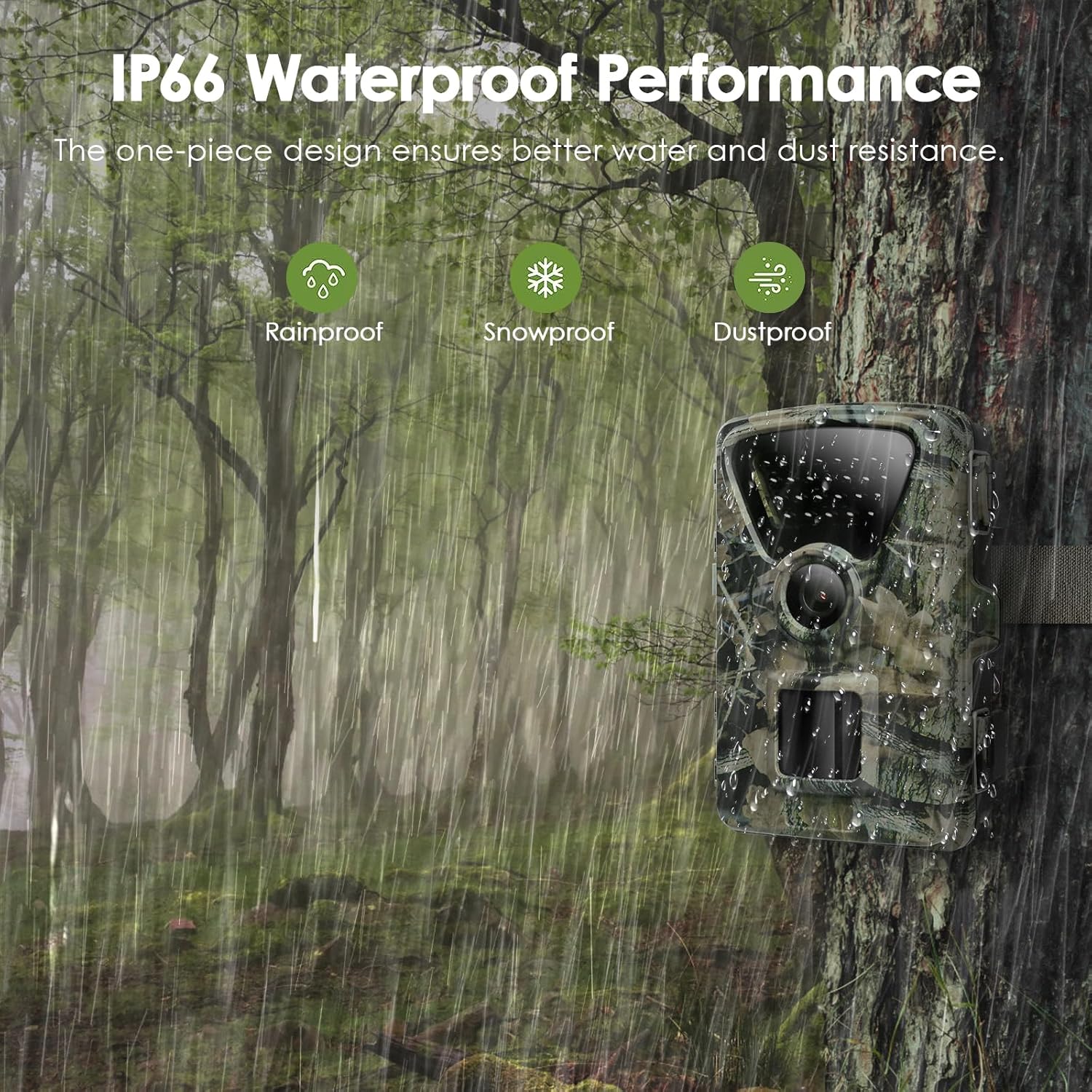 MAXDONE Trail Camera mounted on a tree in the rain, with icons indicating Rainproof, Snowproof, and Dustproof features.
