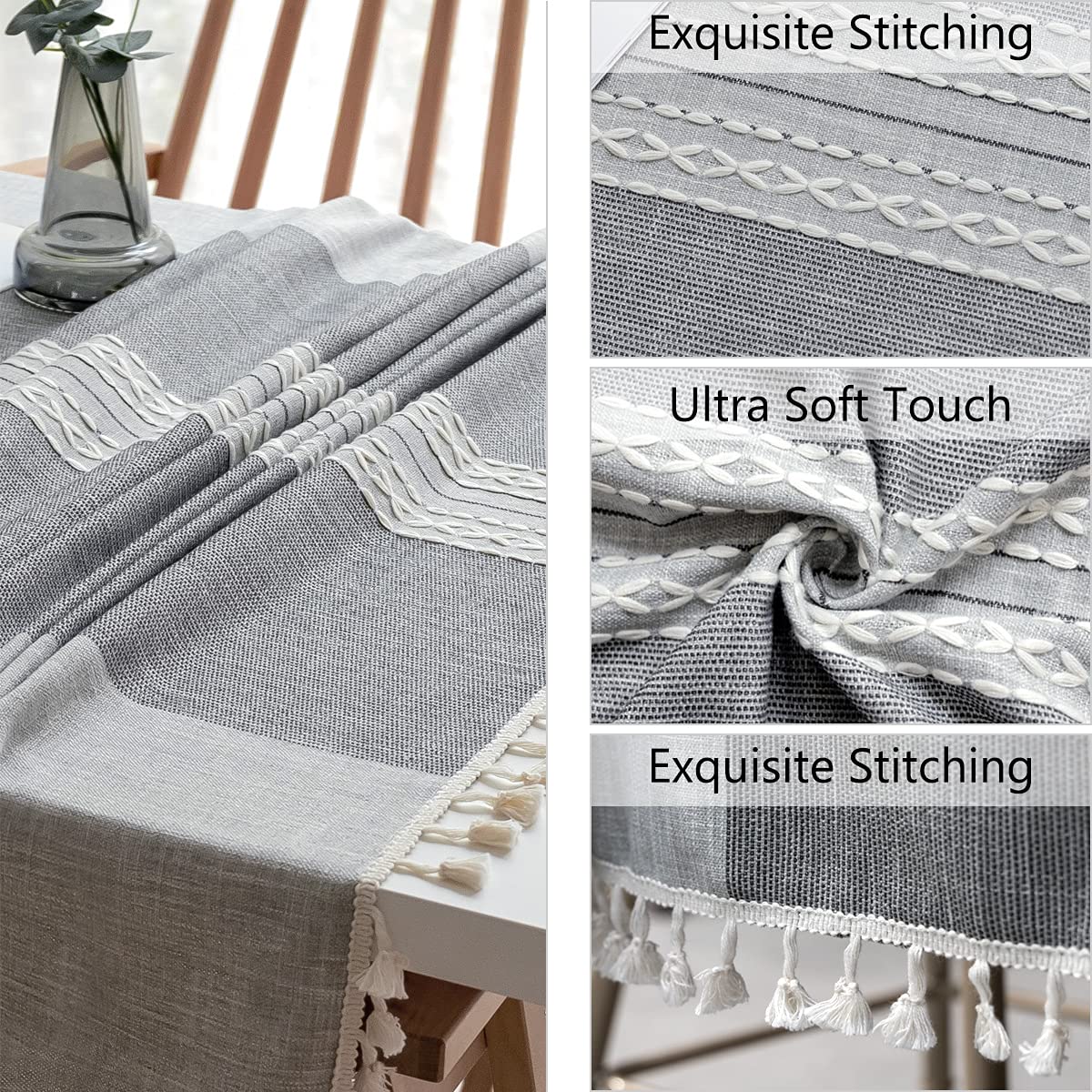 Mantel antimanchas rectangular de lino de algodón con borde, manta lavable en polvo para mesa de comedor (gris, 140 x 220 cm)