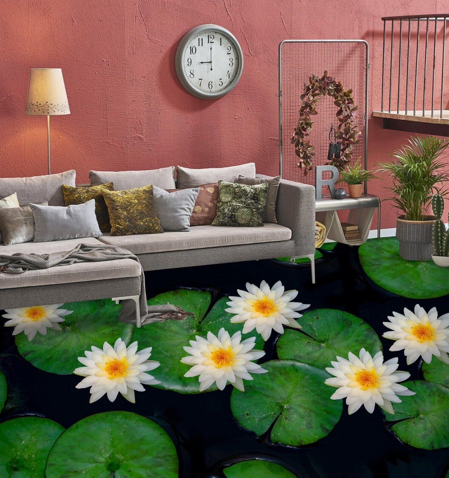 Cartel De Decoración De Piso Murales de papel pintado de suelo de loto blanco 3D, 250 * 175 cm 3D Murales Pegatinas Cuarto de baño Vinilo autoadhesivo Papel tapiz