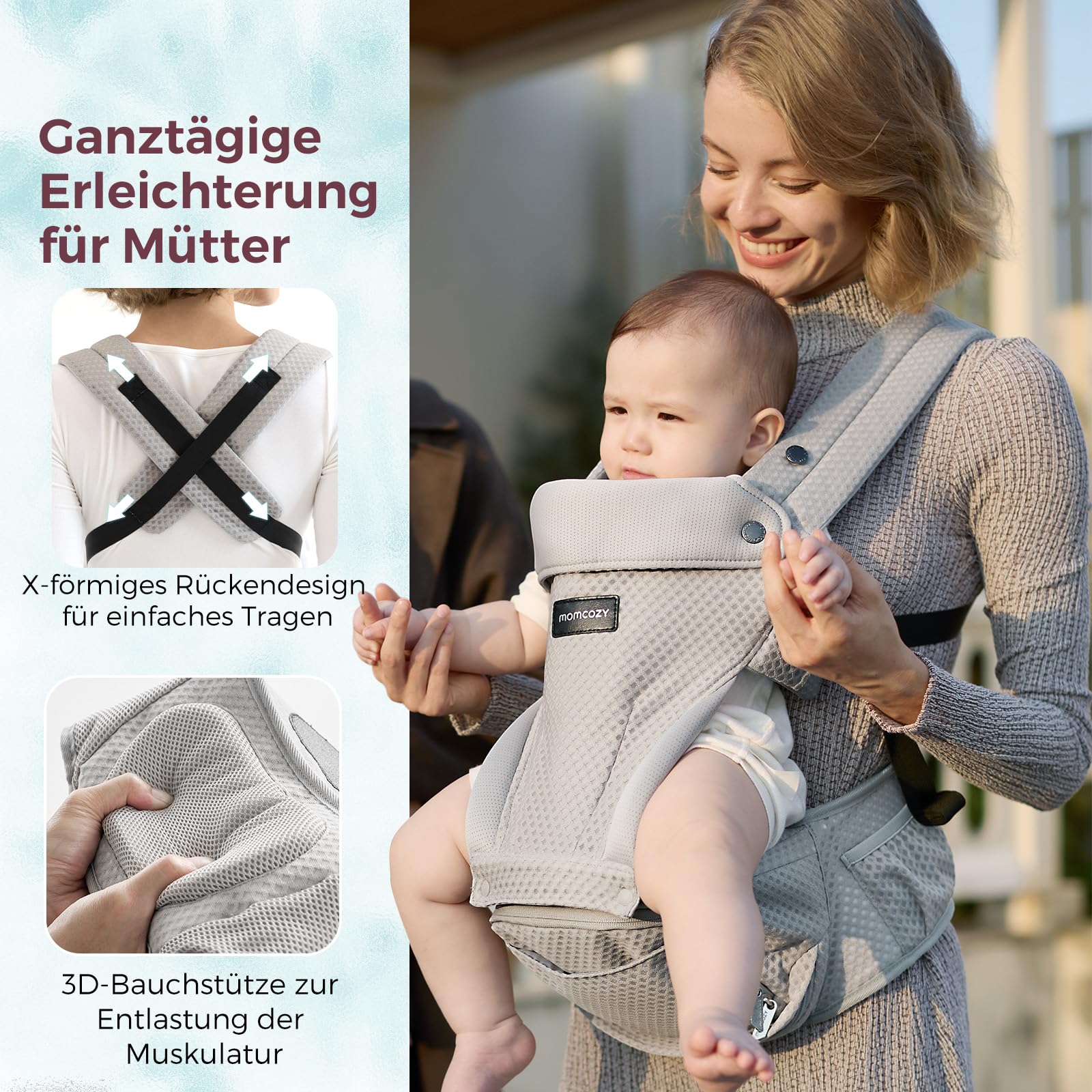 Momcozy Babytrage mit Hüftkissen, 2-in-1 Verstellbare & Abnehmbare Hüfttrage bis 20kg, Atmungsaktive Tragehilfe mit Lendenstütze für Eltern, Leichte Babytrage für Neugeborene, Grau