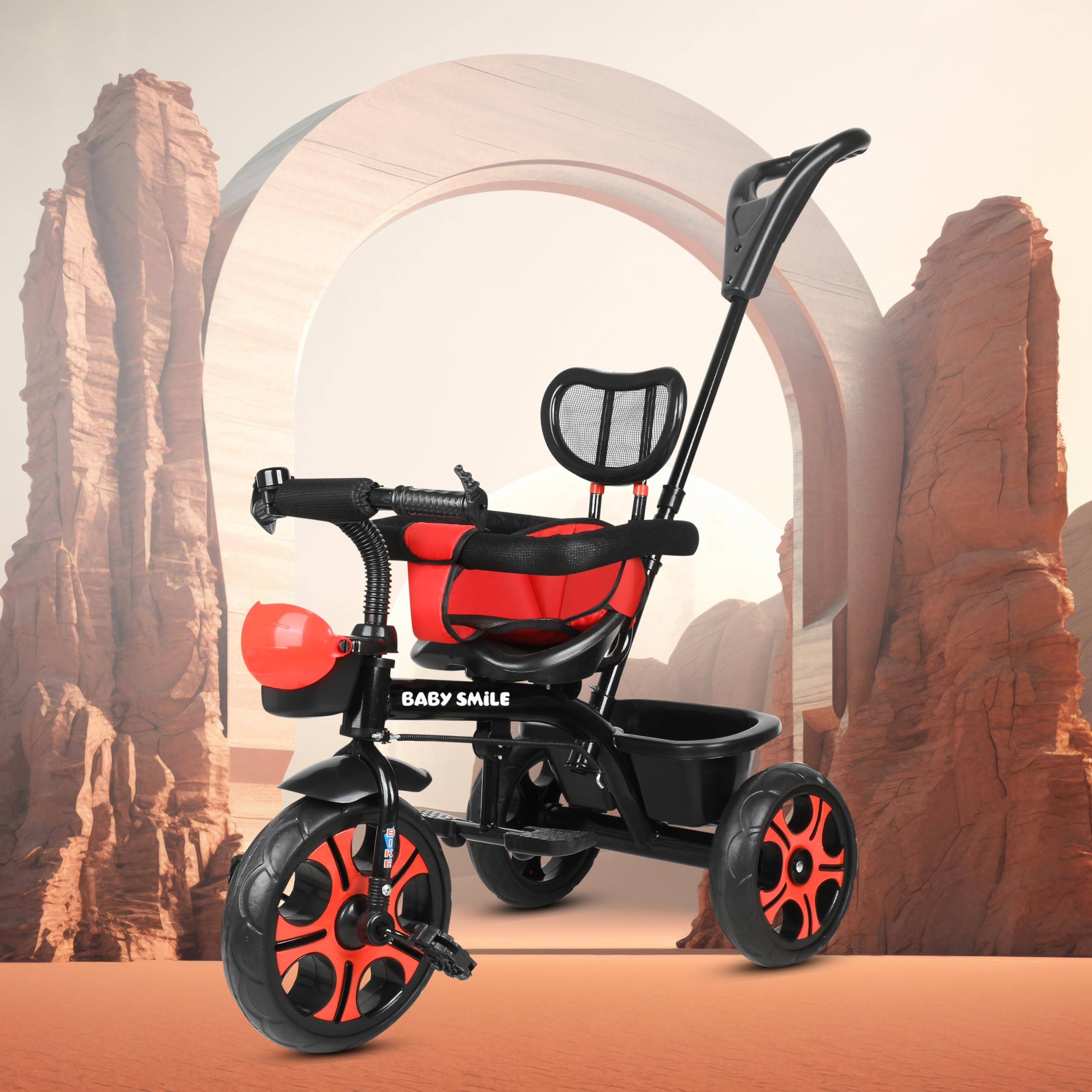 BABY SMILE Kids Tricycle with Parent Handle,Metal Frame, Adjustable Safety Harness, Storage Basket, for Ages 12 Months to 5 Years, Outdoor Play (RED)-image-2