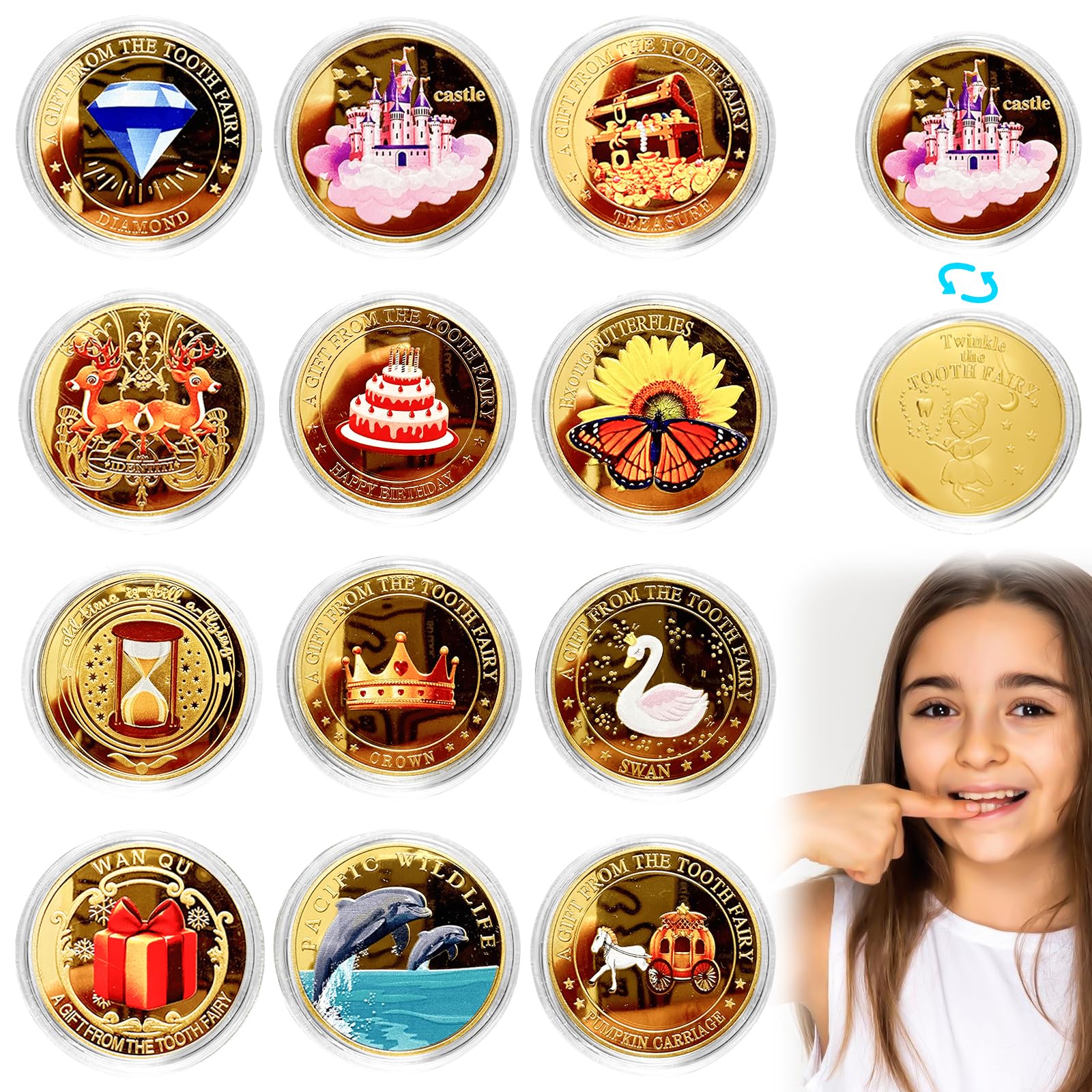 12 Stück Zahnfee Münze, Gold Zahnfee Münze, Zahnfee Münzen mit Verschiedenen Mustern, Zahnfee Geschenke Mädchen Jungen, Zahnfee Goldtaler Kinder für Verlorenen Zahn Kinder Geschenke Souvenir