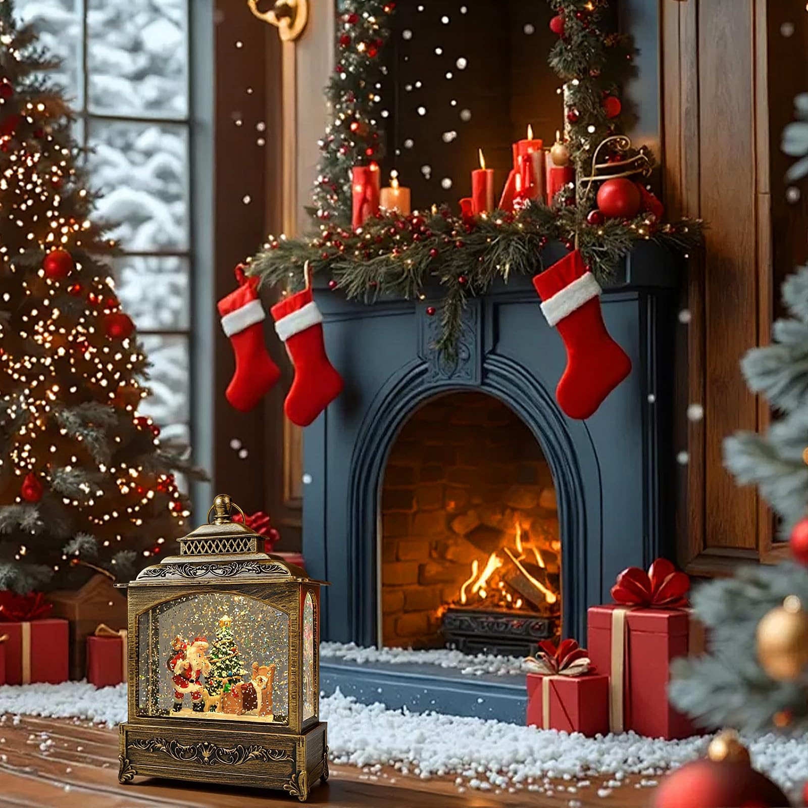 Gerbala Weihnachts Schneekugel Laterne, Schneekugel Weihnachten mit Musik, Weihnachts Schneelaterne, Leuchtend, USB/Batteriebetrieb, Laterne Weihnachten für Weihnachtsdeko und Geschenk-01