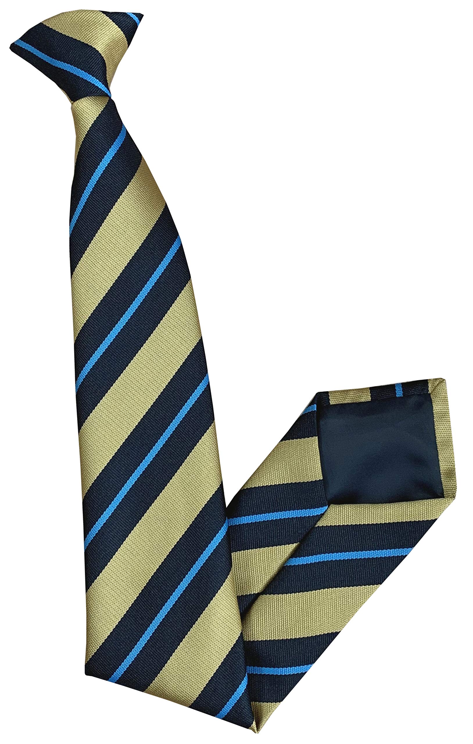 Men's Clip On Tie (Black & Gold with Sky Blue Stripe)