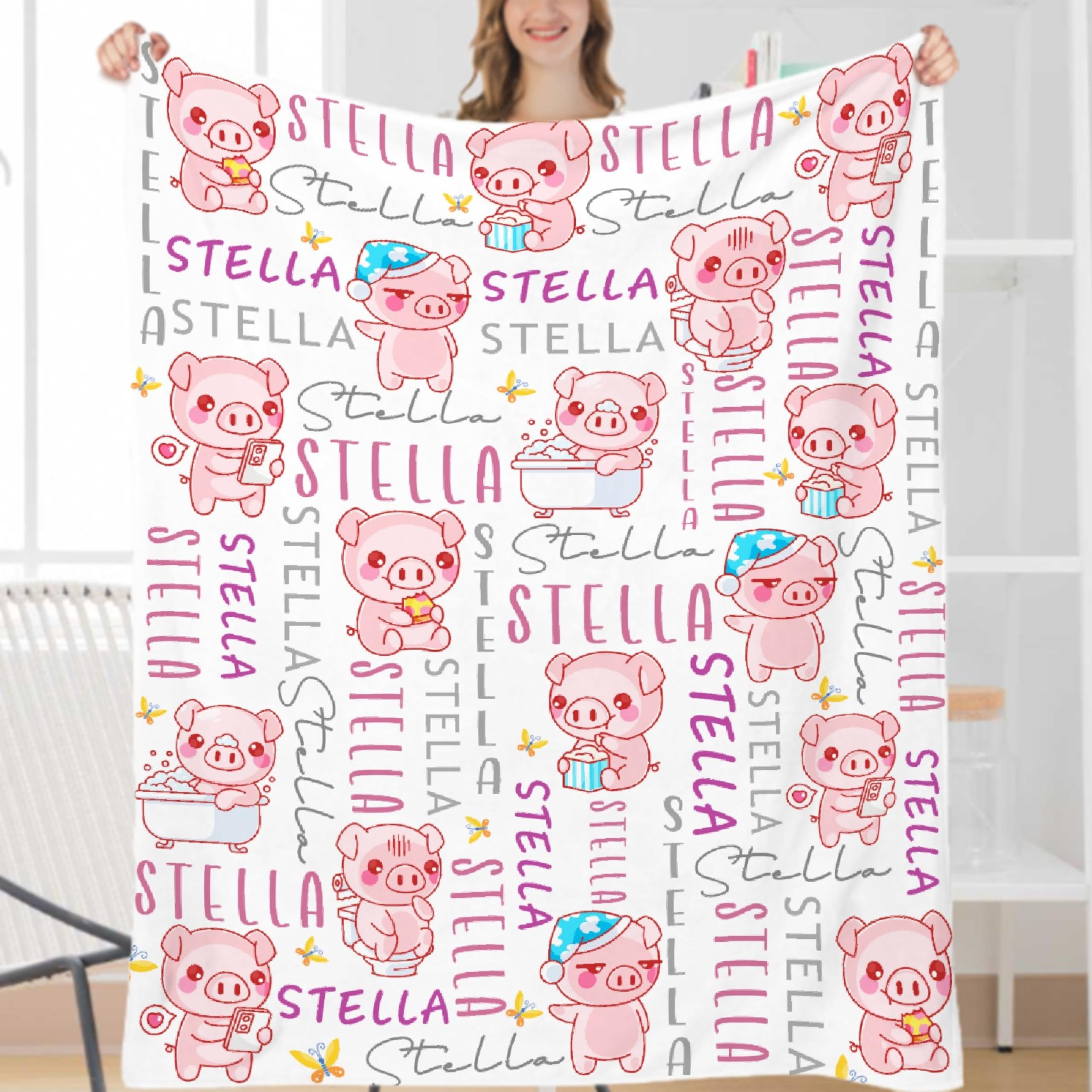Ottoy Personalized Cute Pig Baby Blanket Gifts for Boys Pig Custom Blanket for Girls Boy Super Soft Lightweight Blankets for Couch Air-Conditioning Quilts Chirstmas Gifts Decor 120