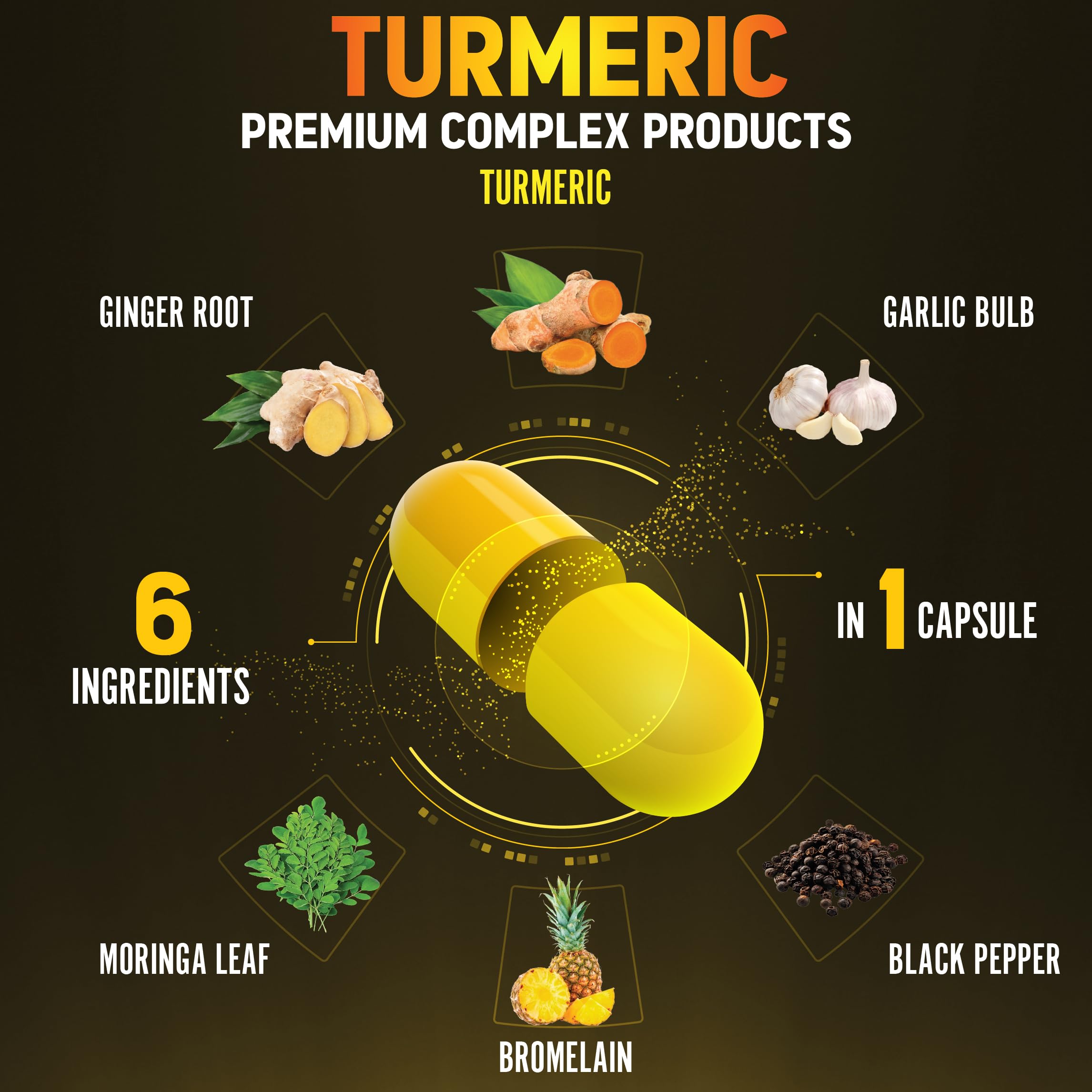 6 in 1 Turmeric Curcumin + Ginger Capsules, 95% Curcuminoids with Ginger, Garlic Bulb, Bromelain, Moringa, Black Pepper - 120 Capsules — Amazon image 3