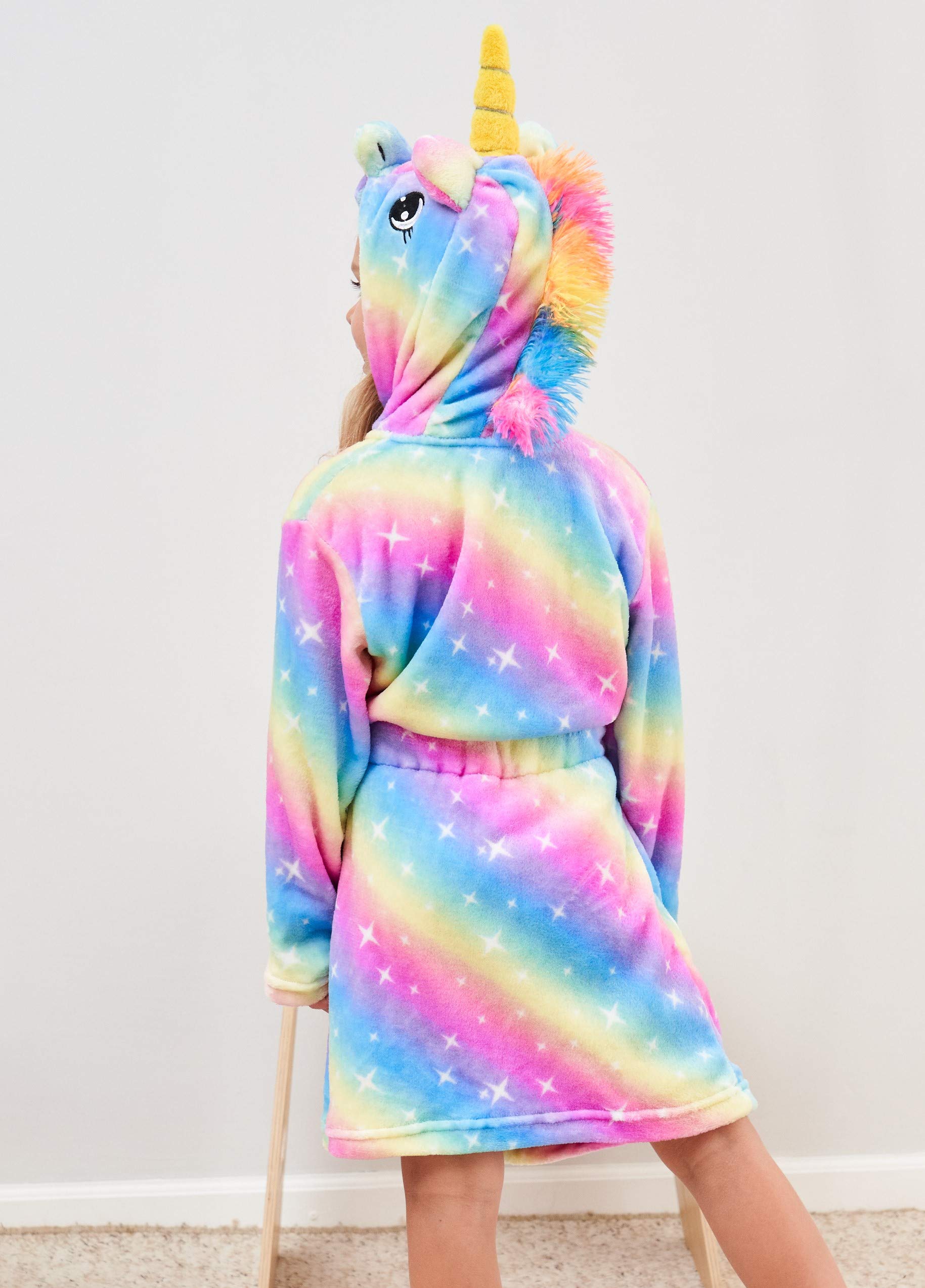 CHETOSHO Soft Unicorn Hooded Robe with Matching Slippers Headband and Blindfold for Girls - Blue/Pink Stars 5-6 Years