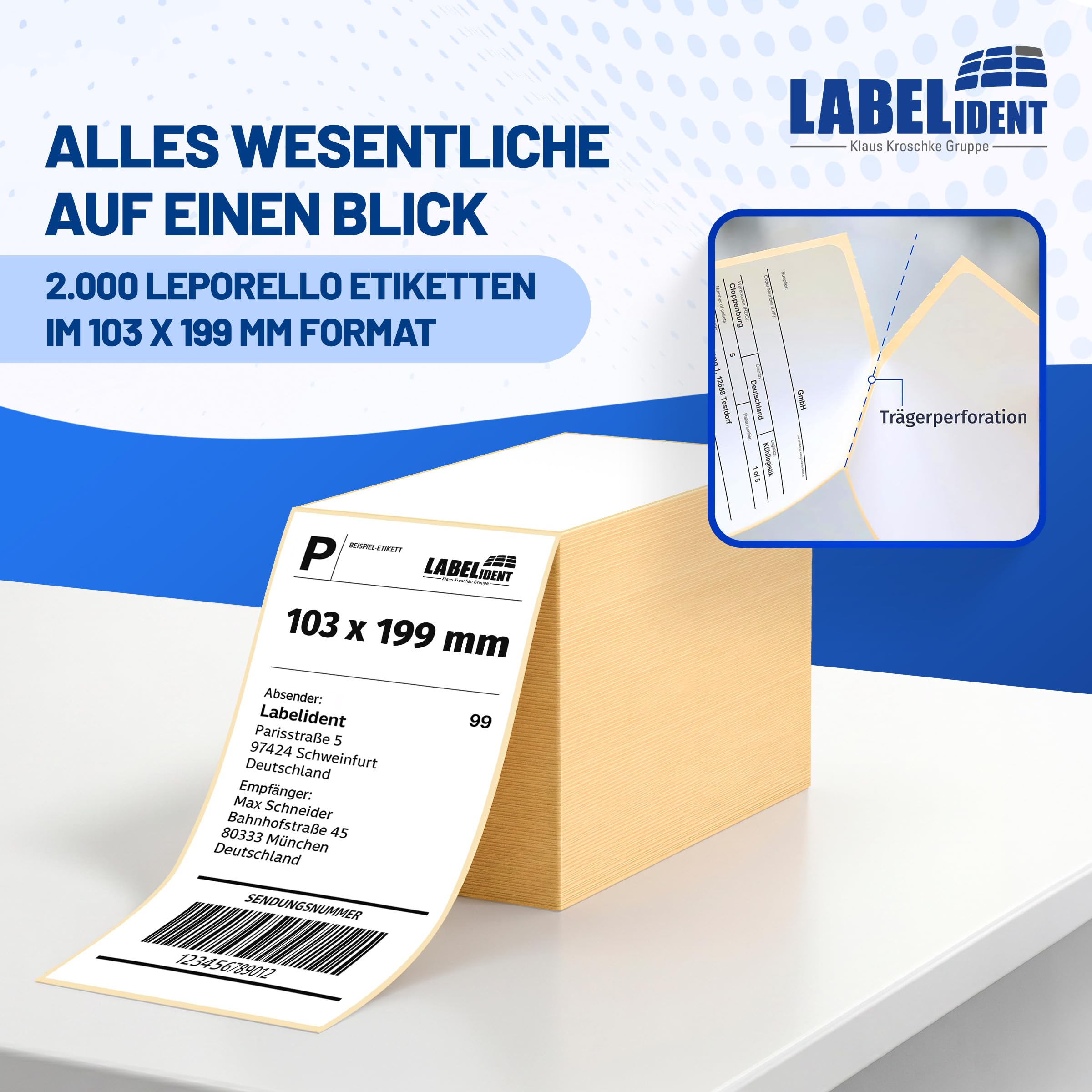 Labelident Versandetiketten 103 x 199 mm - Thermo-Falzetiketten Leporello, 2.000 Etiketten, selbstklebend für DHL