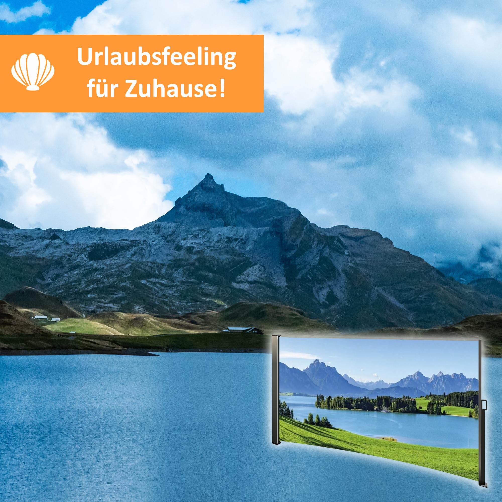 Seitenmarkise mit Fotodruck Berge - Auszug Links - Bildmotiv rechts