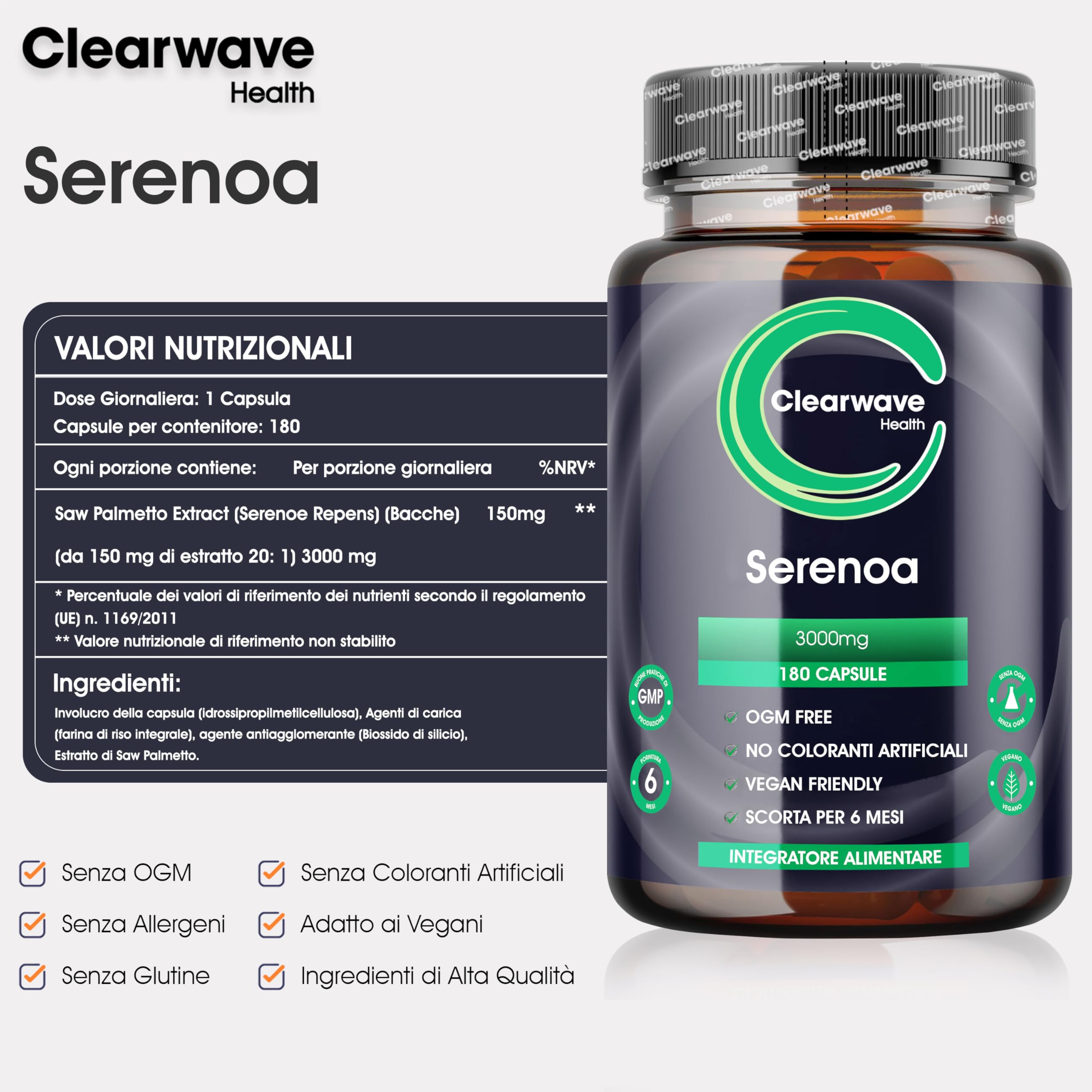 Serenoa Repens | Prostata Integratore | 3000 mg per dose giornaliera | 180 capsule | Fornitura per 6 mesi - Estratto vegano di Saw Palmetto