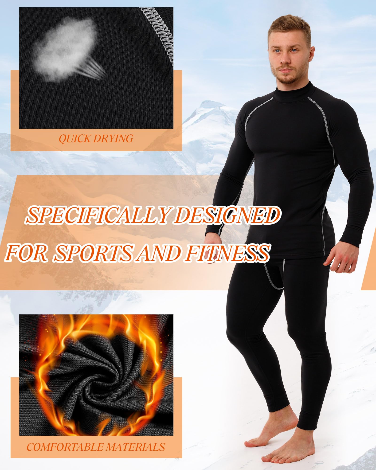 Hicarer Thermo-Unterwäsche-Set für Herren, mit Fleece gefüttert, Sportunterwäsche, Winterunterteil für Workout, Sport, Jagd, 4 Sets