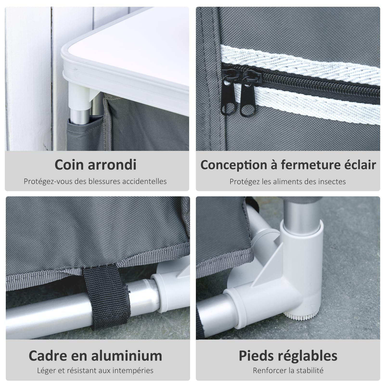Outsunny Cuisine de Camping, Meuble de Camping avec étagères, Sac de Transport Inclus, Structure en Aluminium, pour Accessoires Cuisine, Aliments, 60 x 50 x 104,5 cm, Gris