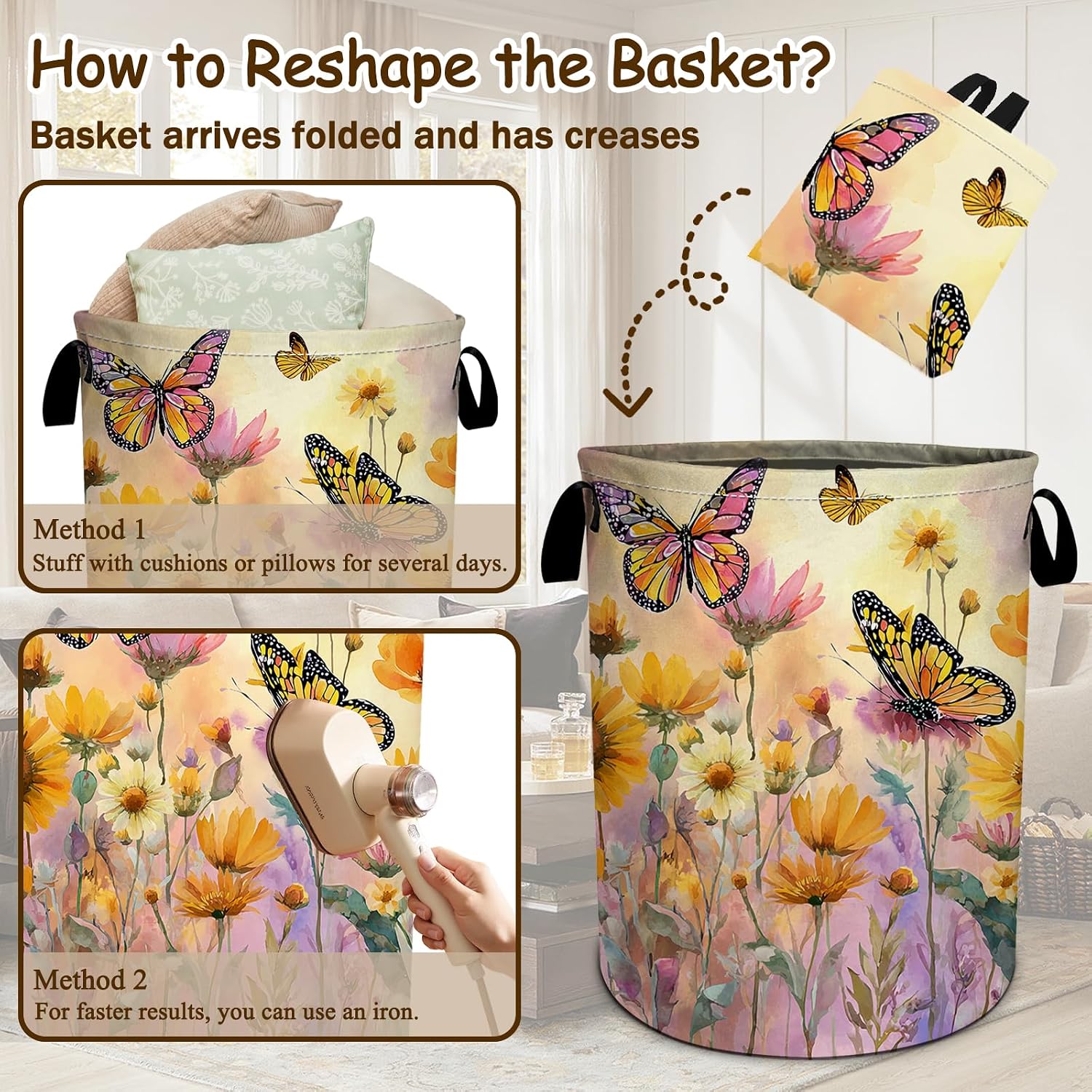 Watercolor Flowers Butterfly Laundry Basket Collapsible Oxford Cloth Laundry Hamper with Handle Waterproof Clothes for Dorm Bathroom Bedroom 15.7 X 20 Inch image 5