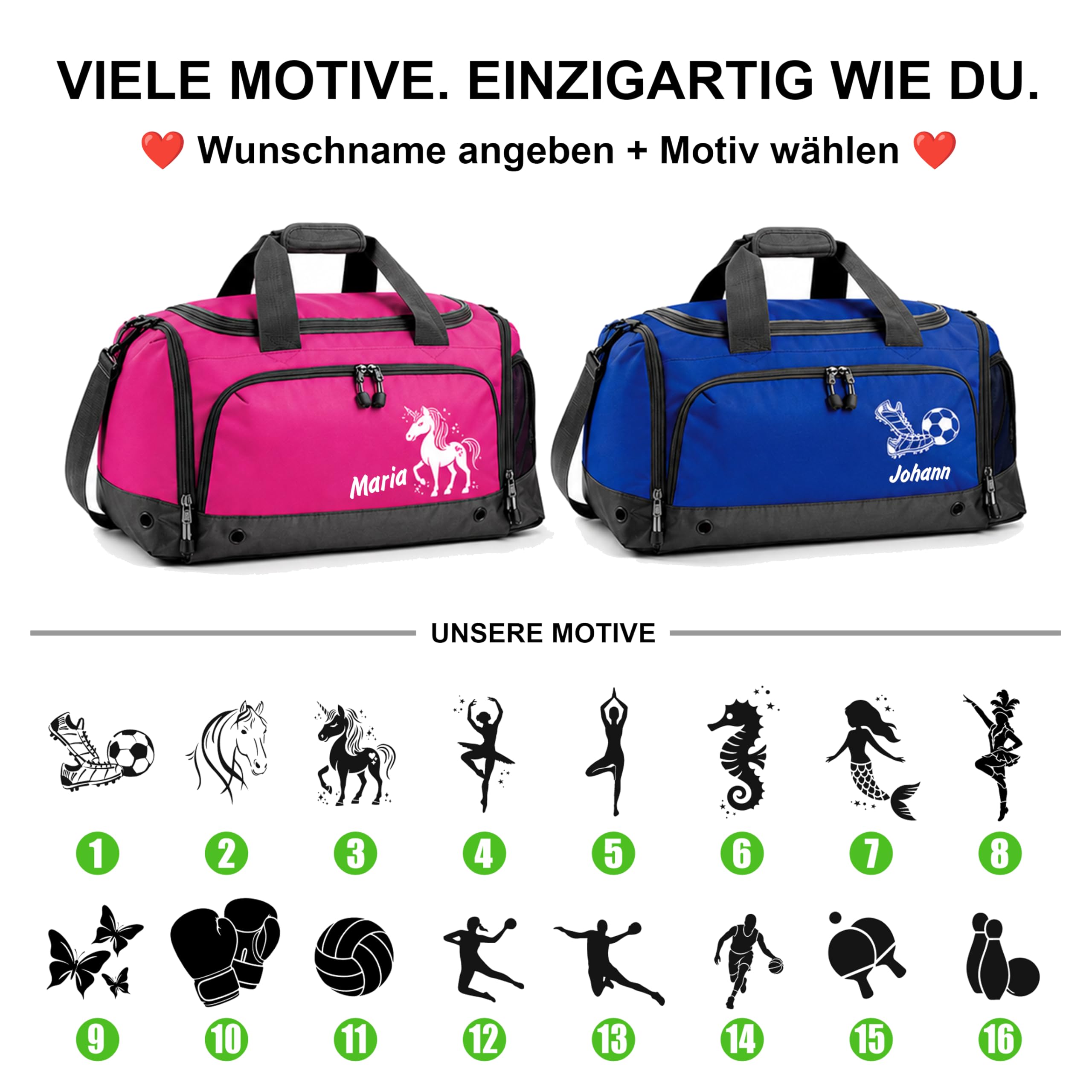 Sporttasche PINK mit Name personalisiert für Kinder & Erwachsene | Individuell bedruckt mit Wunschmotiv, Kleine Reisetasche, Schulsport Schwimmtasche Geschenk Einschulung Schulanfang
