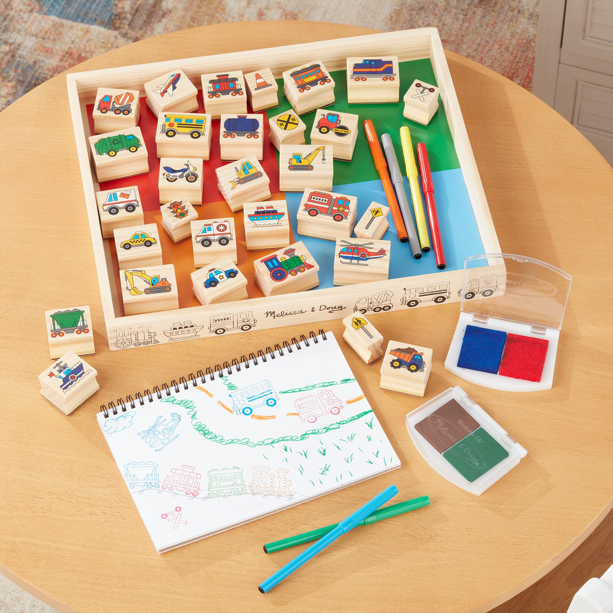 Melissa & Doug 41901 Zestaw drewnianych pieczątek Deluxe - Pojazdy | Sztuka i rzemiosło | 3+ | Prezent dla chłopca lub dziewczynki