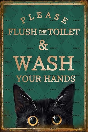 EMOHAT Letrero de placa de metal de aluminio, divertido gato negro con texto en inglés Please Flush Toilet Wash Your Hands, bonito cartel para el
