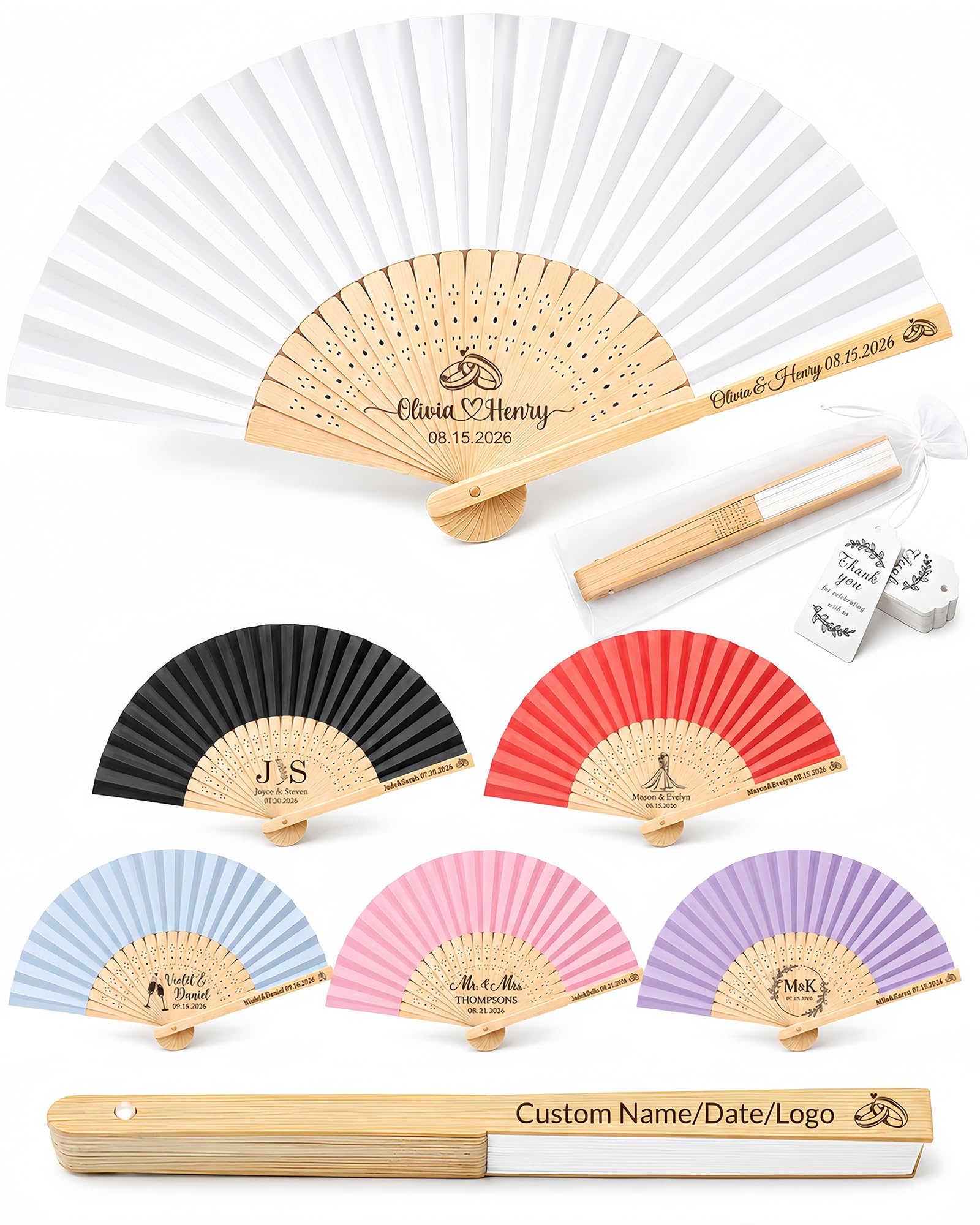 Abanicos Personalizados de Madera para Bodas – Abanico Boda Personalizado con Texto/Diseño Grabado/Bolsa de Organza y Borla, Detalles Boda para Invitados, Eventos y Decoración (50Pcs)