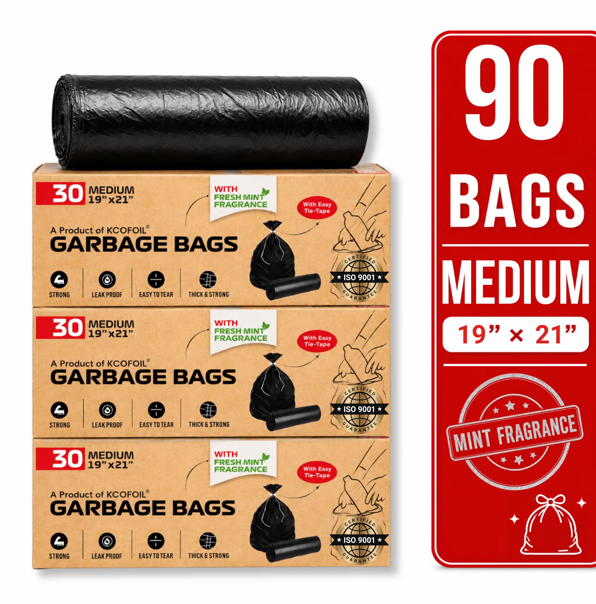 Black Garbage Bags for Dustbin | Medium | 90 Bags | 30 Bags X 3 Rolls | 19 X 21 Inches | Mint Fragrance | Tie-Tape | Strong & Leak Proof Trash Bags (Pack of 3) — Amazon image 8