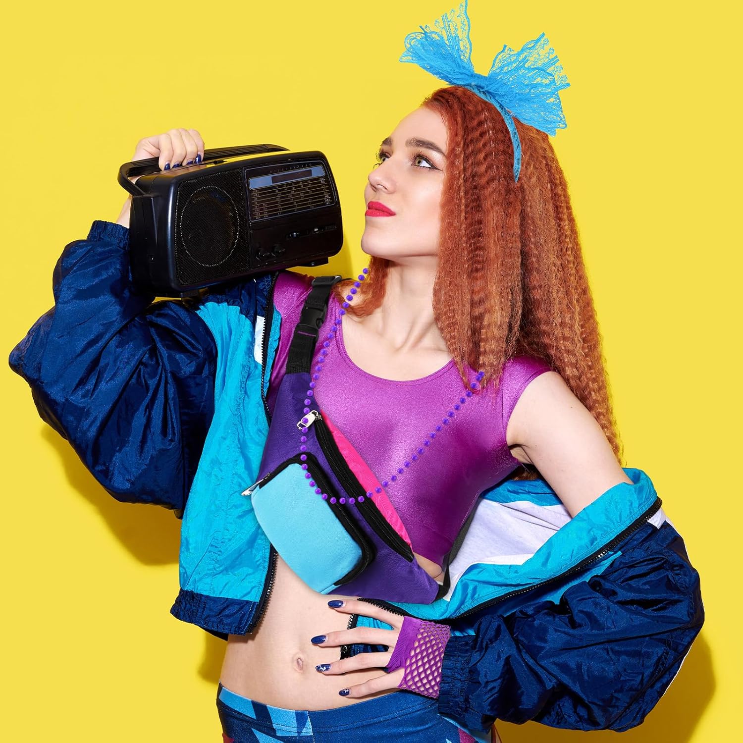 Handepo 19 Pcs 80s Costume Accessories Set Neon Retro 80s Fanny Pack Hairband Fishnet Gloves Bracelet Earrings Necklace Socks - Image 7