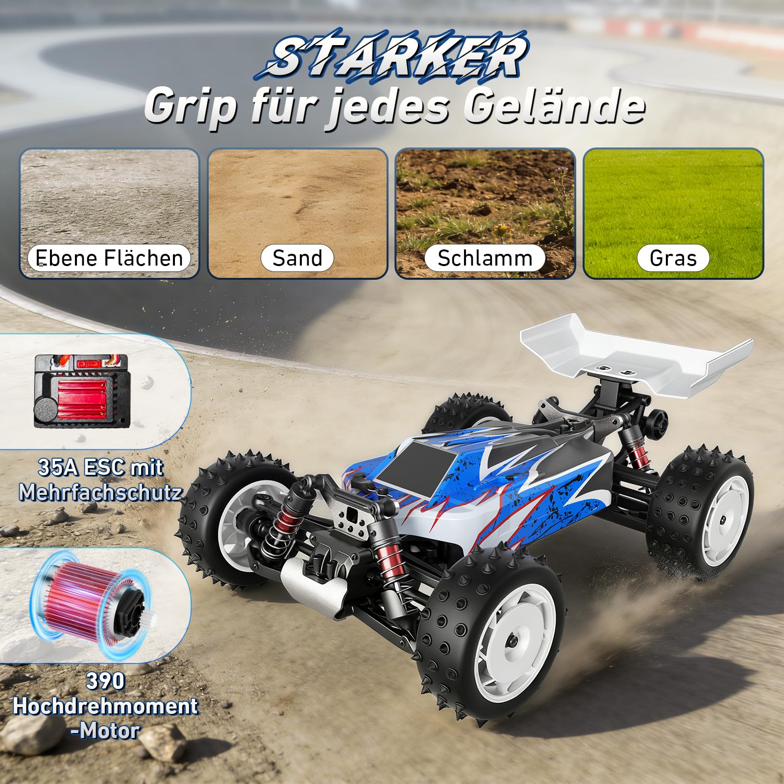 Auto telecomandata 1:16 fuoristrada, 36 km/h, RC Auto 4WD con motore 390, fuoristrada con 2 batterie, RC Truck per adulti e bambini, regalo per ragazzi