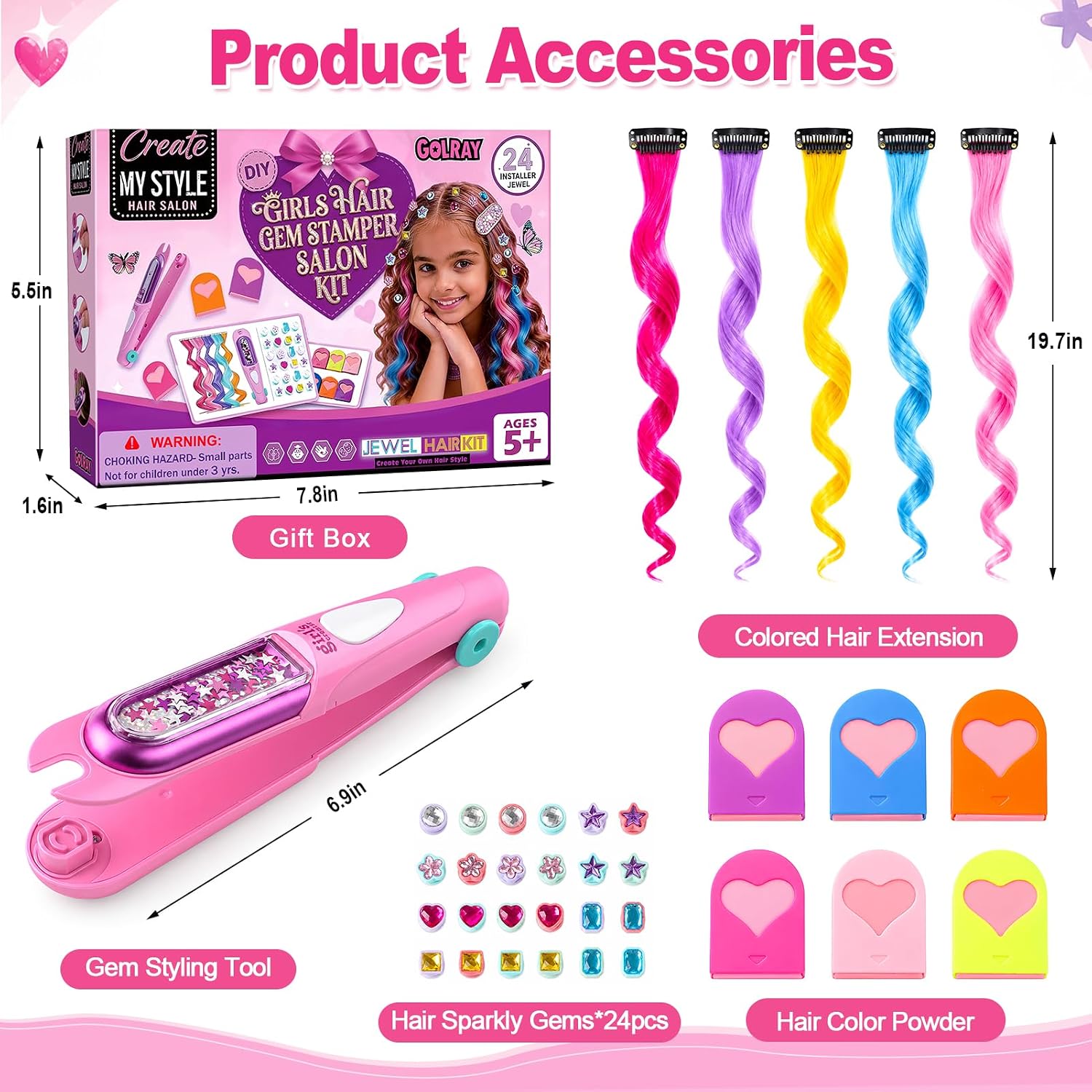 Hair Gem Stamper Kit for Girls, Hair Styling Set with Gem Stamper, 24 Hair Gems, 5 Colored Hair Extensions, 6 Hair Color Powder Applicators, DIY Dress Up Toy Gift for Girls Ages 5-12