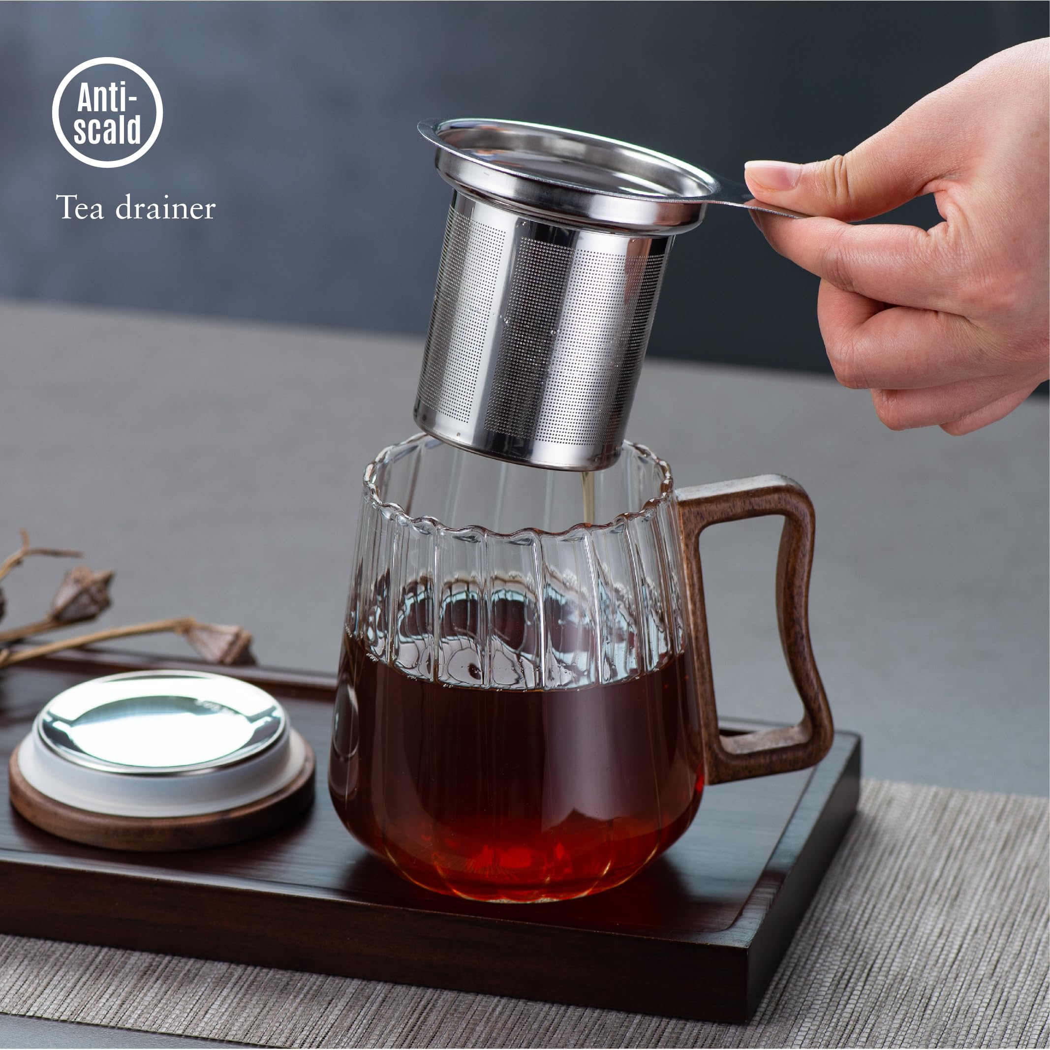 Tea Cup with Infuser and Lid, Glass Tea Cup, Borosilicate Glass Mug, 17oz Tea Mug, Clear Tea Cup for Loose Leaf Tea, Blooming Tea, Tea Bag (Threaded Mug)