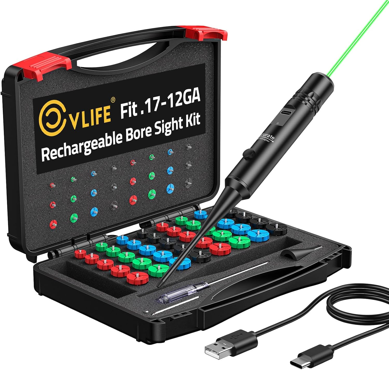 CVLIFE Rechargeable Bore Sight Laser Kit with 64 Adapters fit 0.17 to 12GA Calibers, Professional Red/Green Laser Bore Sight with Button Switch, Powerful Choice for Hunting Bore Sight Tool