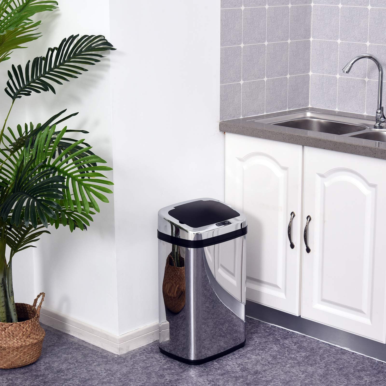 HOMCOM Sensor Mülleimer 30L Edelstahl Automatischer Mülleimer mit Bewegungssensor, Abfalleimer Müllbehälter Abfallbehälter für Büro, Schlafzimmer, Küchen Silber