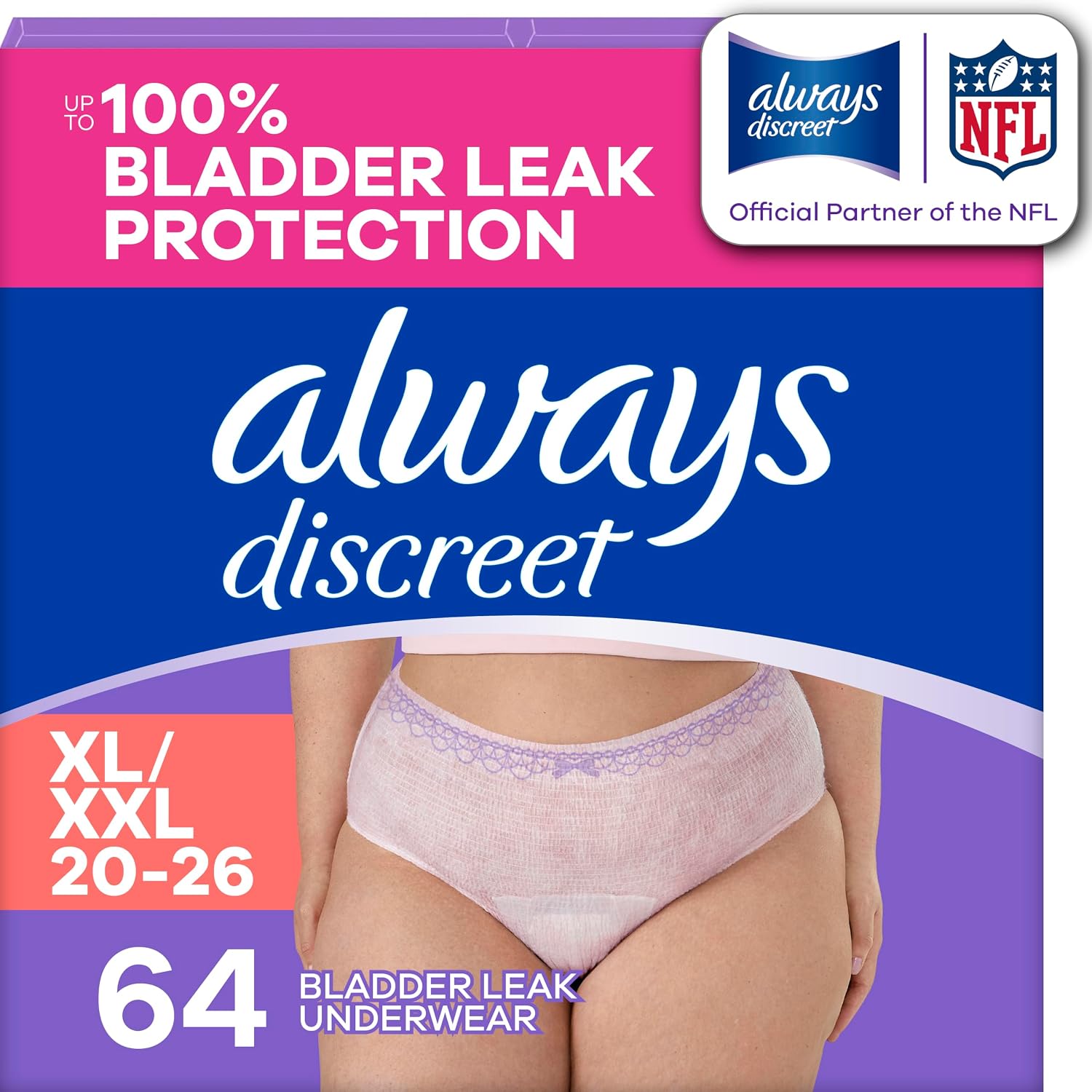 Always Discreet, Adult Diapers for Women, Maximum Incontinence and Postpartum Underwear XL/XXL, 64 Count​