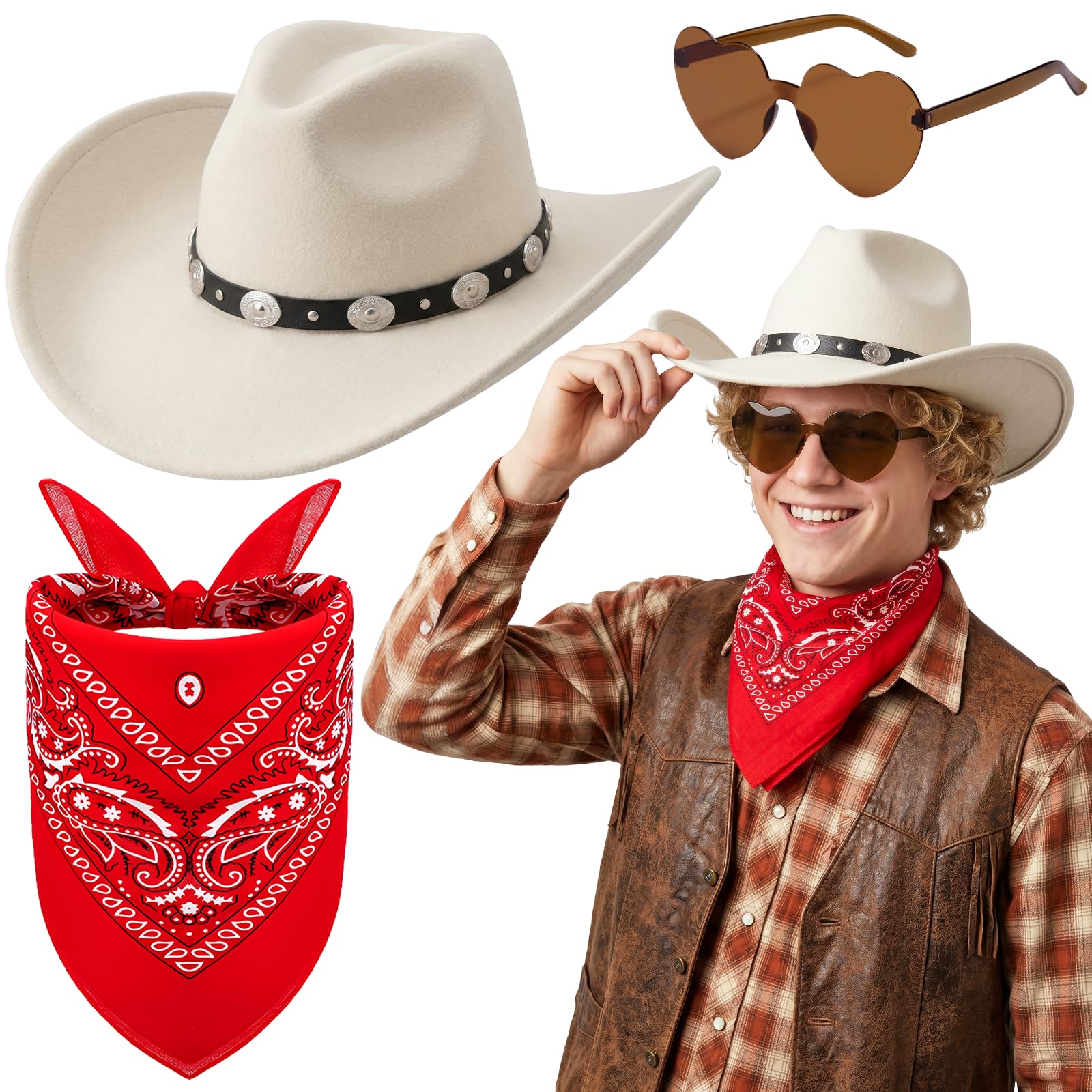 Kyndara 3Pcs Western Cowboy Hat Set, Unisex Cowboy Fancy Dress Kit with Wide Brim Hat Paisley Bandanna Heart Shape Sunglasses for Adult Masquerade Halloween Parties (Style-6)