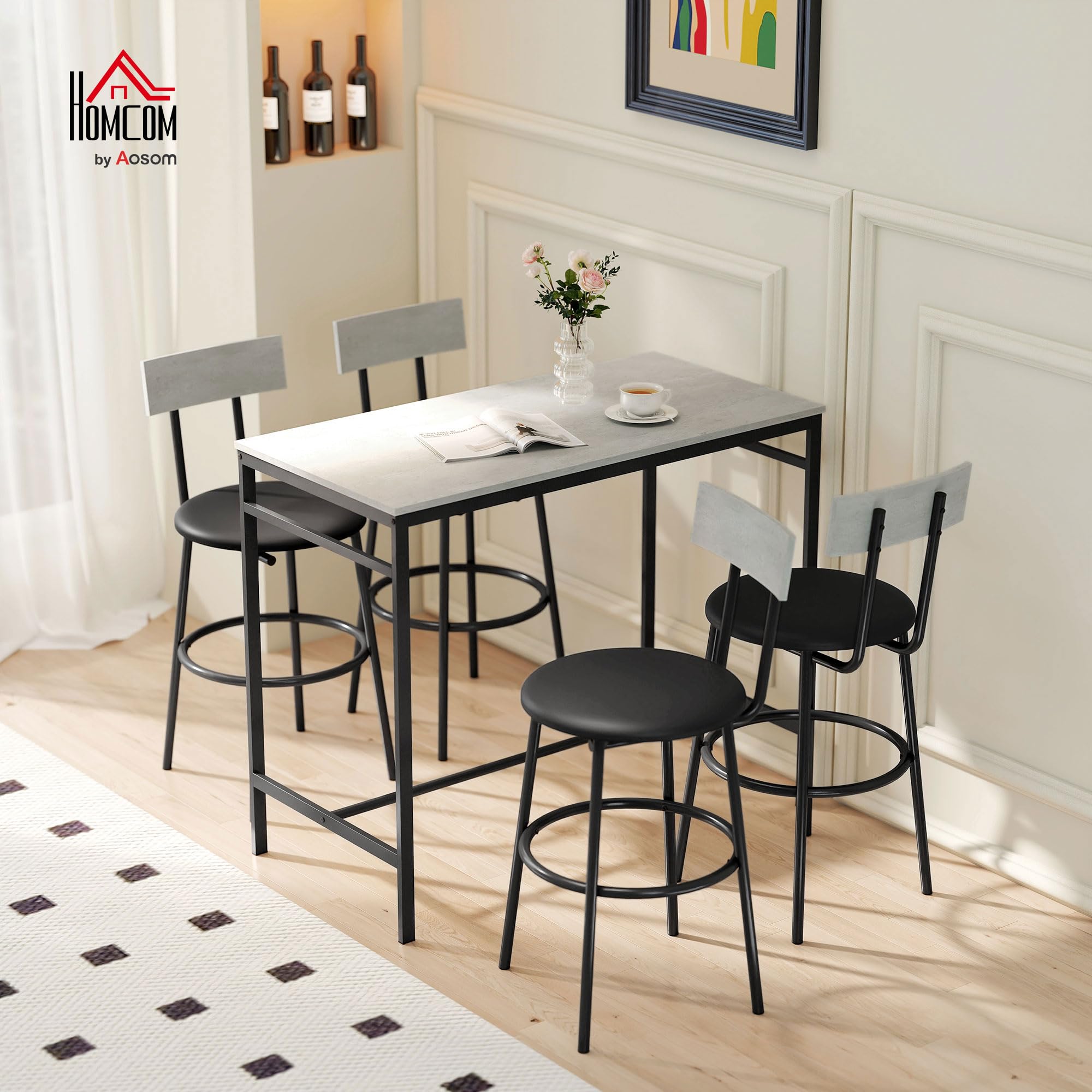 HOMCOM Set Tavolo Bar con 4 Sgabelli con Imbottitura Pelle PU, Bancone Bar e Sedie Cucina Salvaspazio con Gambe in Acciaio, Stile Moderno, Tavolo Alto con Sgabelli per Casa Pranzo Soggiorno, Grigio