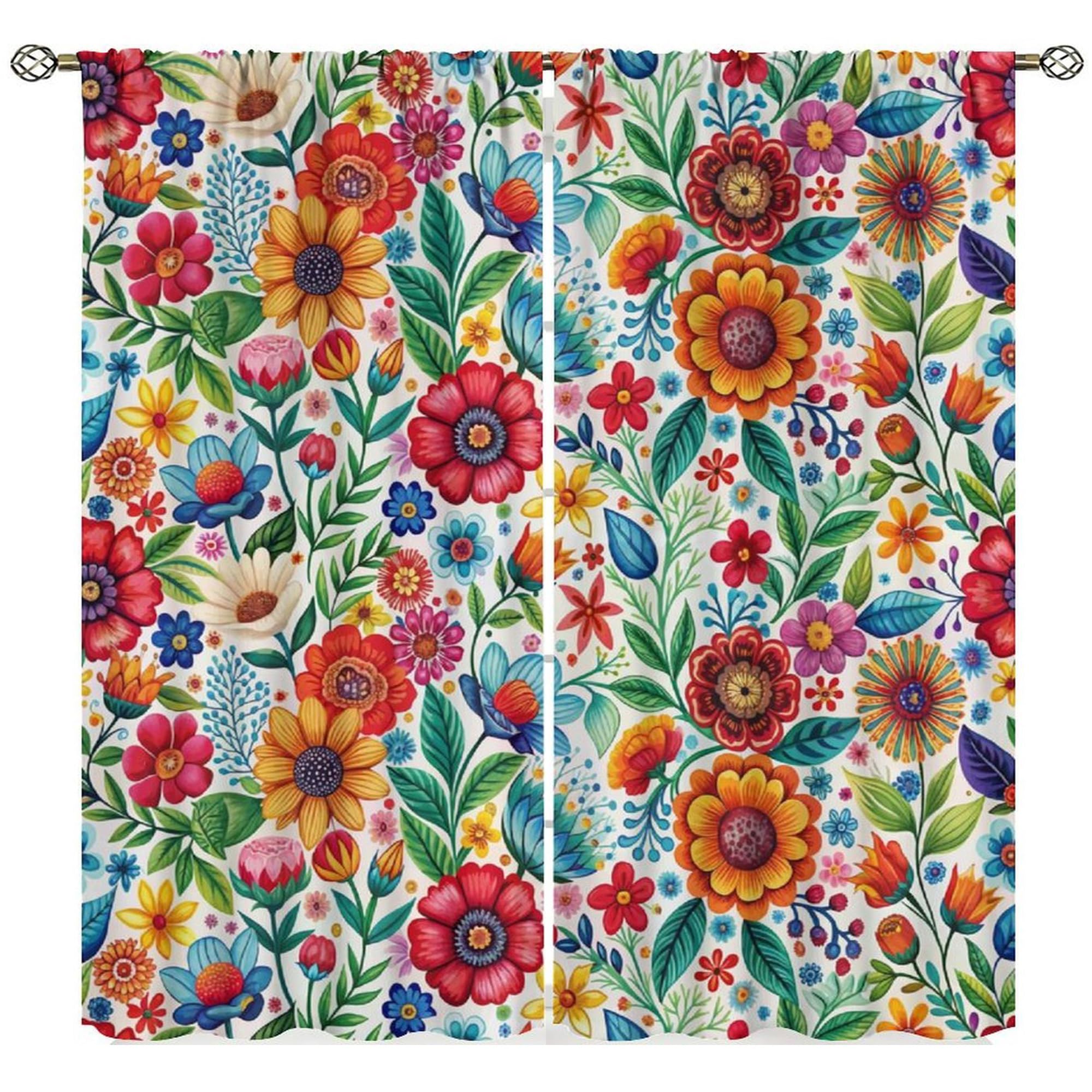 Yearn Jear Mexico Element Curtain,Traditional Mexican Birds Style Paisley Flowers Ethnic Window Treatments for Living Room Bedroom Set 2 Panels,42x45