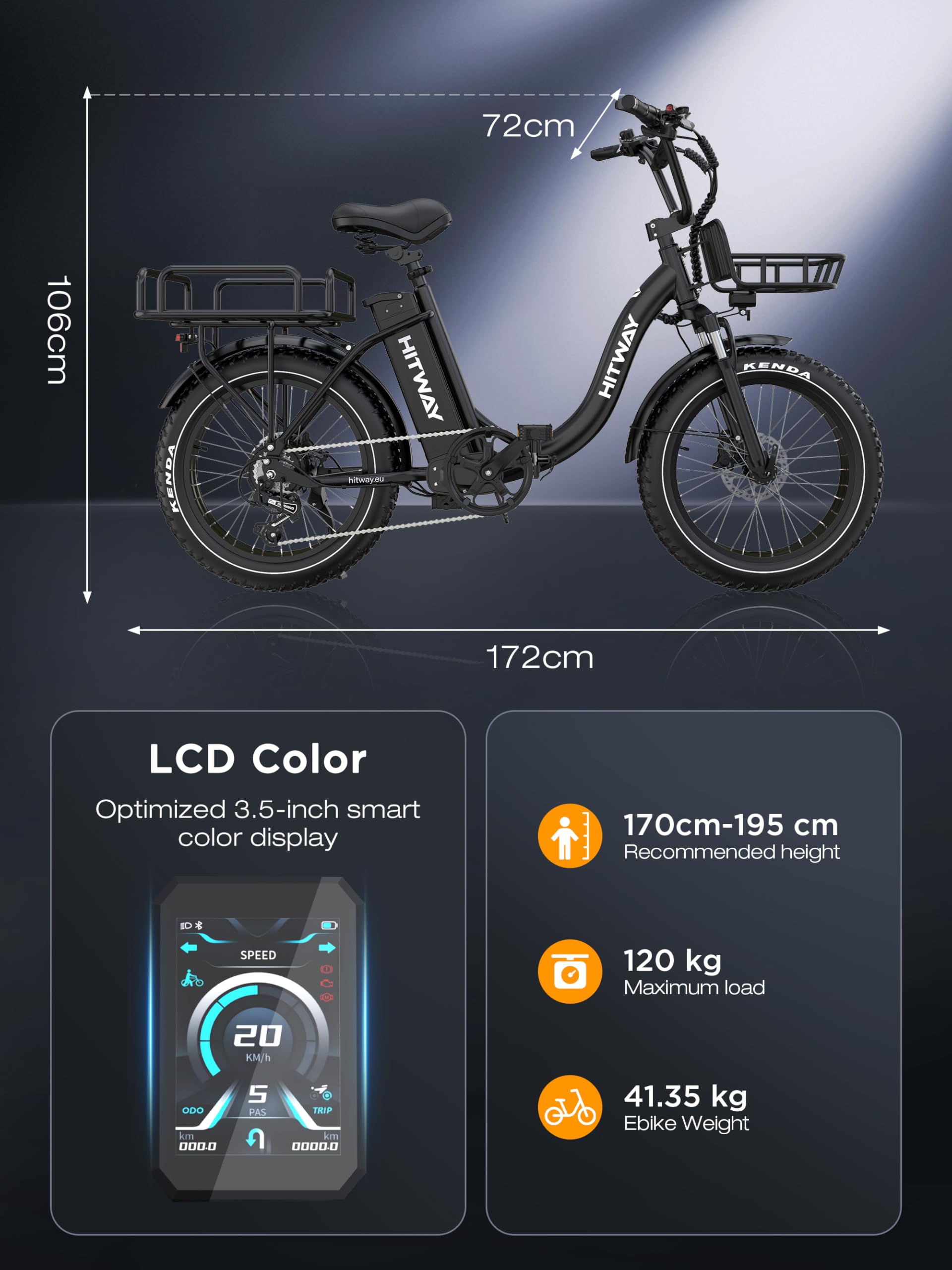 HITWAY BK6S Plus E-Bike mit 48V 27Ah Akku und 110-150km Reichweite, 20 Zoll Fat Tire City-Elektrofahrrad mit Doppeltem Gepäckkorb, 250W Motor 25km/h, 7-Gang Schaltung