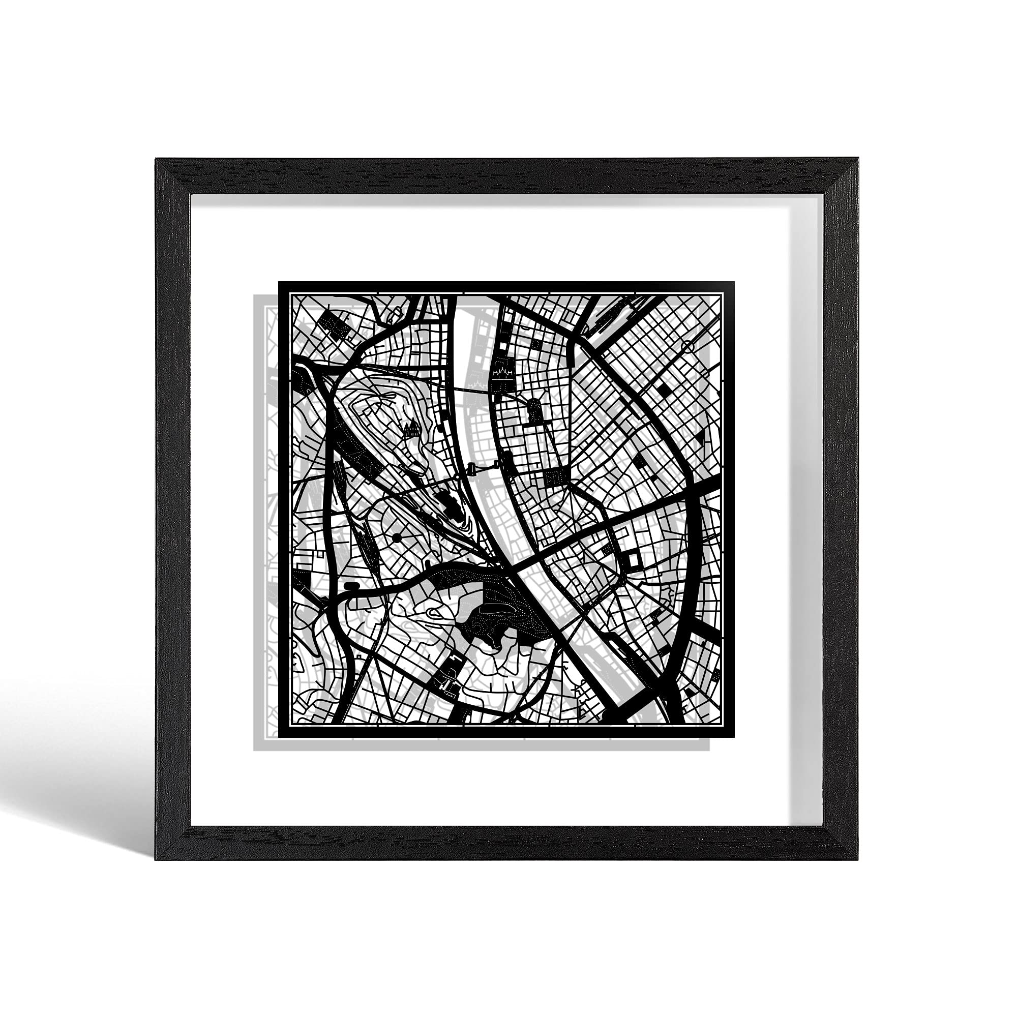 O3 DESIGN STUDIO Budapest Paper Cut Map framed, Black map, Black frame, 23x23 cm, Gift Boxed, 2 background color, self-changing, Paper Art