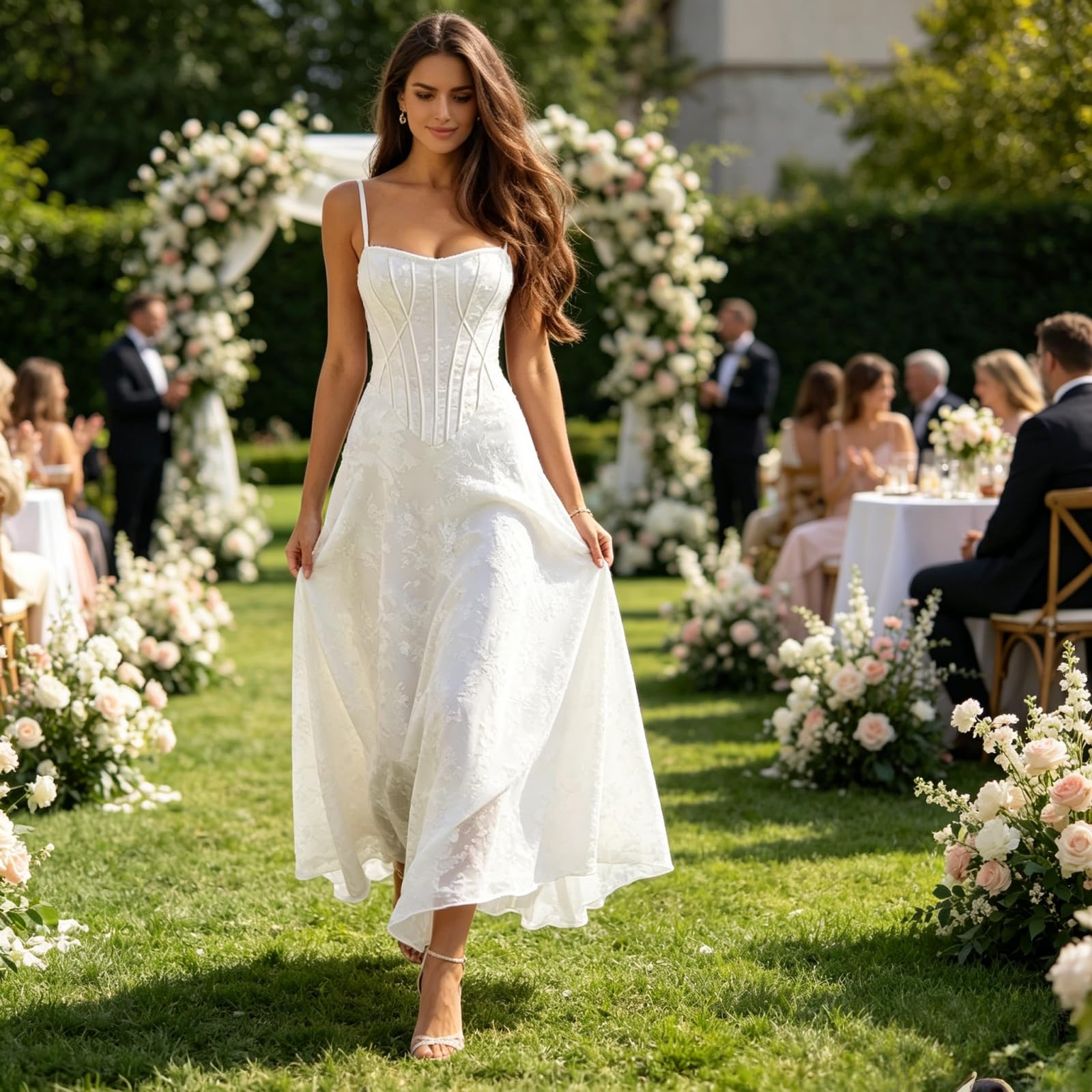Vestido de dama de honor con tirantes delgados para mujer, con encaje floral, cuello drapeado, largo, plisado, formal, vestido de noche de boda